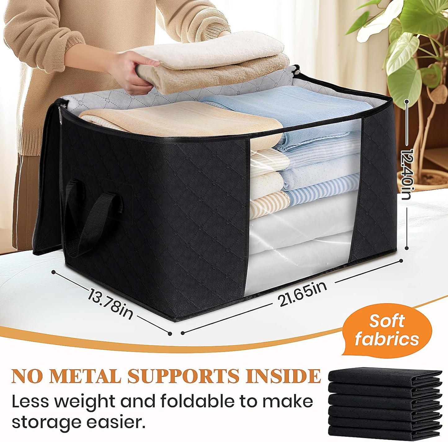 Fab totes 6 Pack Clothes Storage, Foldable Thick Fabric Blanket Storage Bags, Containers for Organizing Bedroom, Closet, Clothing, Comforter,Closet Organization with Handle,Black