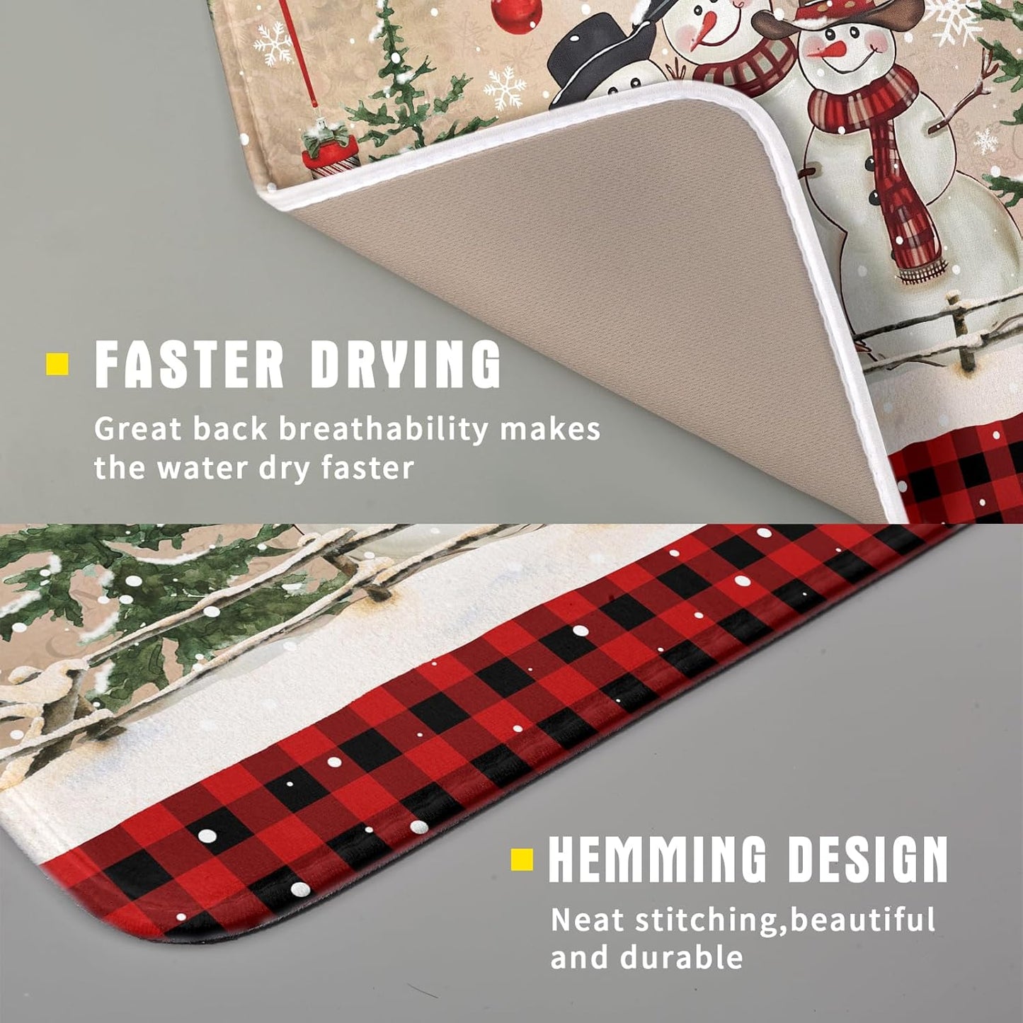 Winter Snowman Dish Drying Mat 16x18 Inch Red Buffalo Plaid Holiday Dish Drainer Mat Absorbent Dish Rack Pad for Kitchen Counter Sink Decor