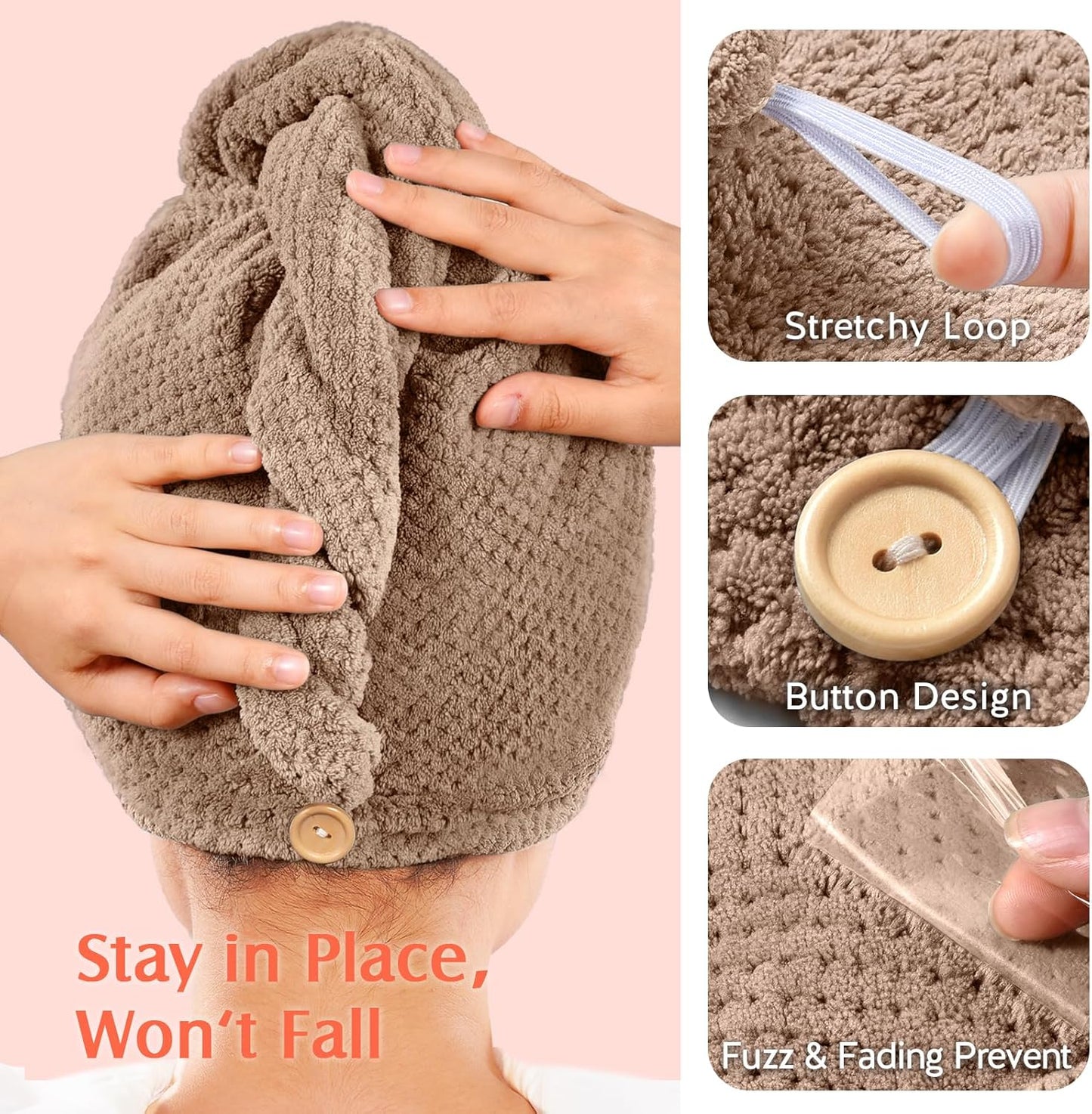 YFONG 2 Pack Microfiber Hair Towel Wrap for Women, Super Absorbent Quick Dry Hair Turban for All Hair Style Anti Frizz, Large Hair Drying Towel with Button