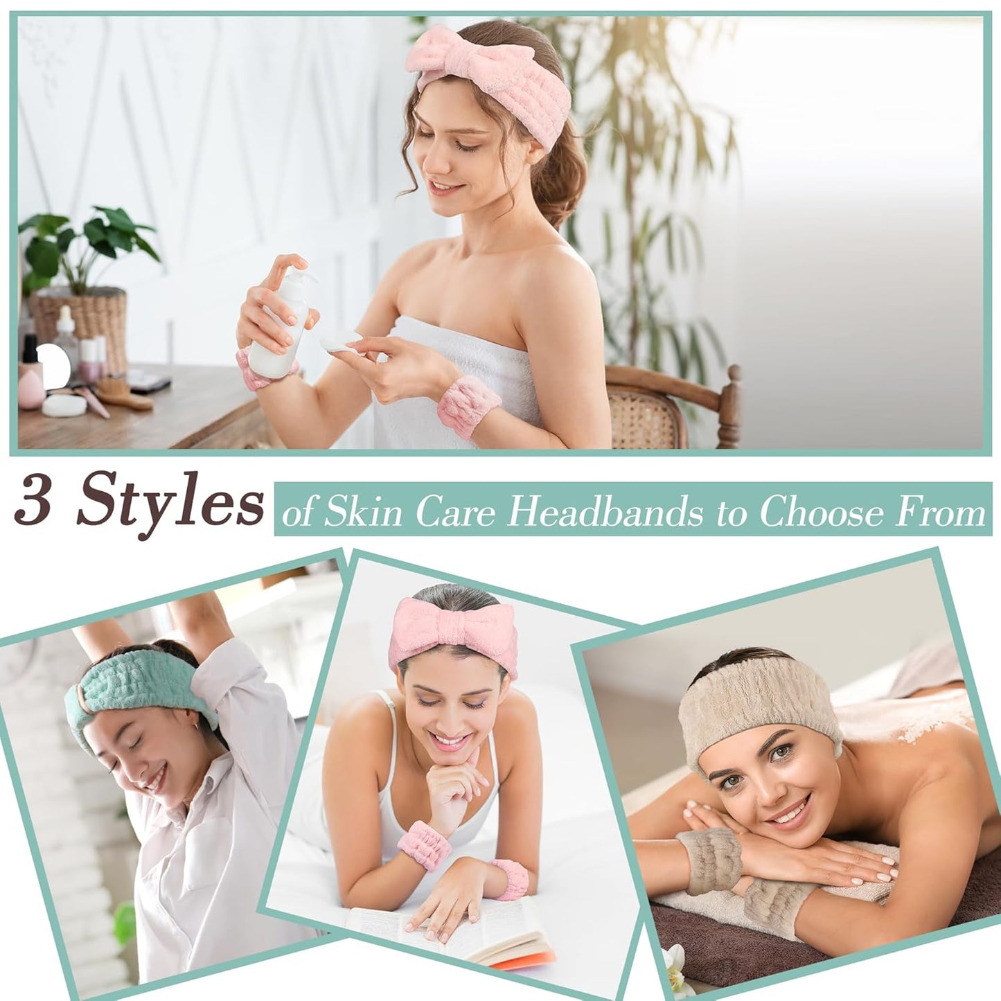Spa Headband and Wristband Set - 3-Piece Skincare Headbands & 6-Piece Wrist Spa Wristbands for Women,Facial Hairbands for Washing Face, Makeup, Sports, Yoga, Headband for Washing Face