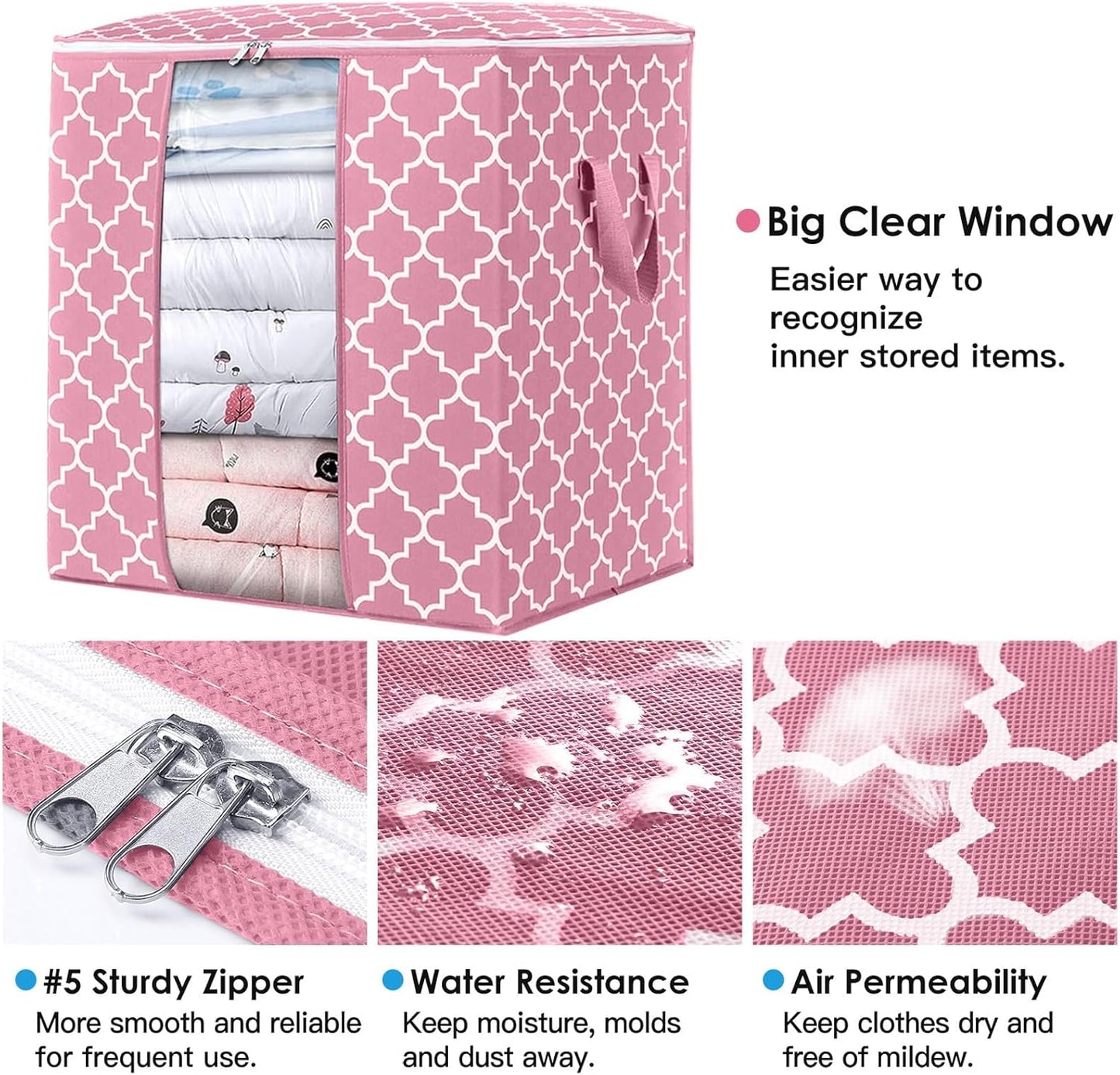 WISELIFE Storage Bags 6 Pack/100L Large Blanket Clothes Organization and Storage Containers for Comforters,Bedding, Foldable Organizer with Reinforced Handle, Clear Window, Sturdy Zippers,Pink
