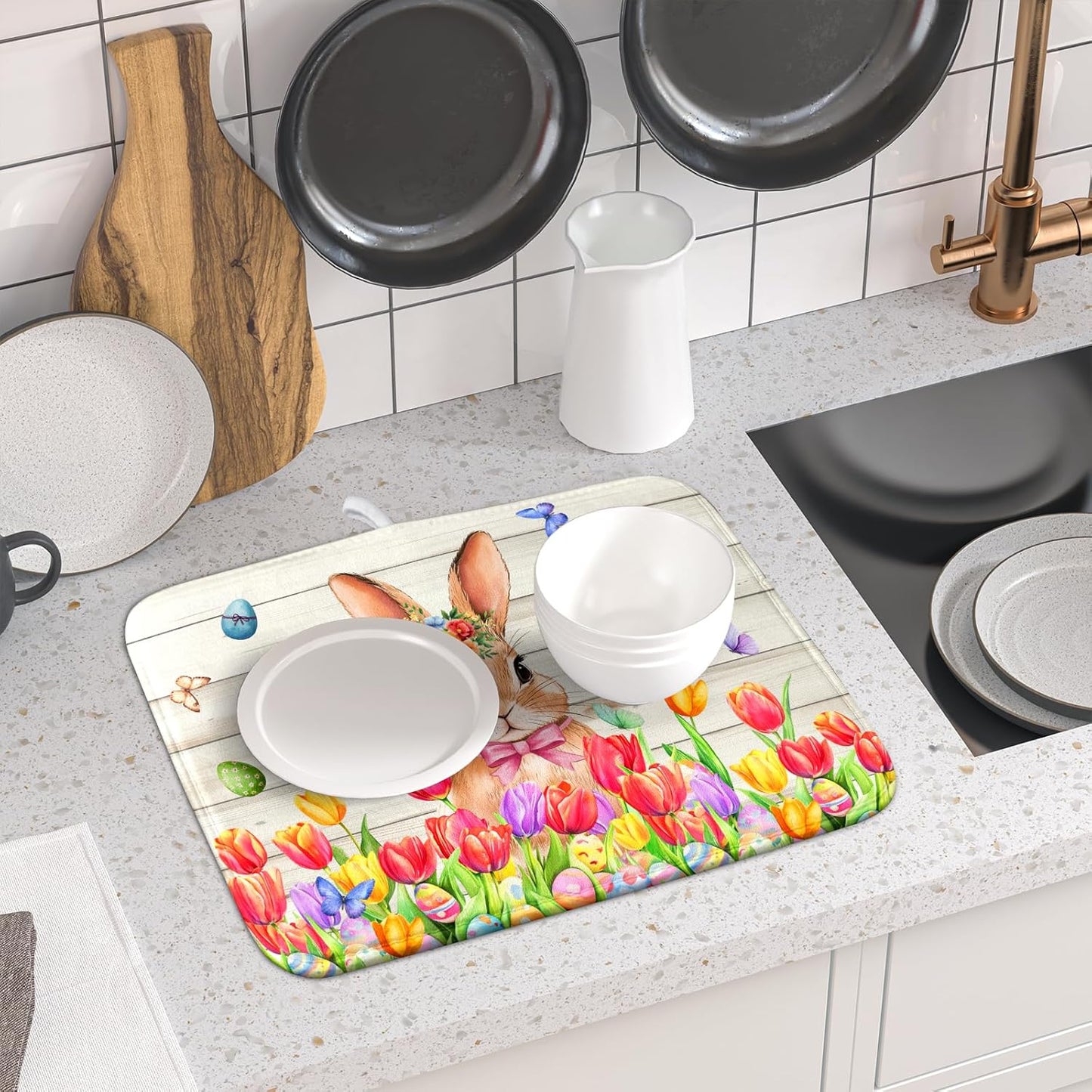 Easter Bunny Dish Drying Mat 16x18 inch Eggs Floral Fast Drying Pad Washable Reversible Microfiber Dish Drainer Mats for Kitchen Counter