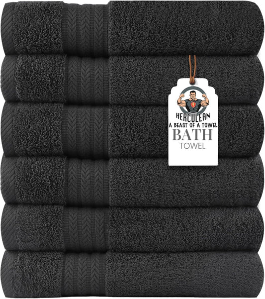 Large Bath Towels 24 x 50 Pack of 6 | Quick Dry and Highly Absorbent | 100% Cotton Terry Towels for Bathroom - Perfect for Shower - Pool and Spa - Luxury Soft Towels - Charcoal Grey