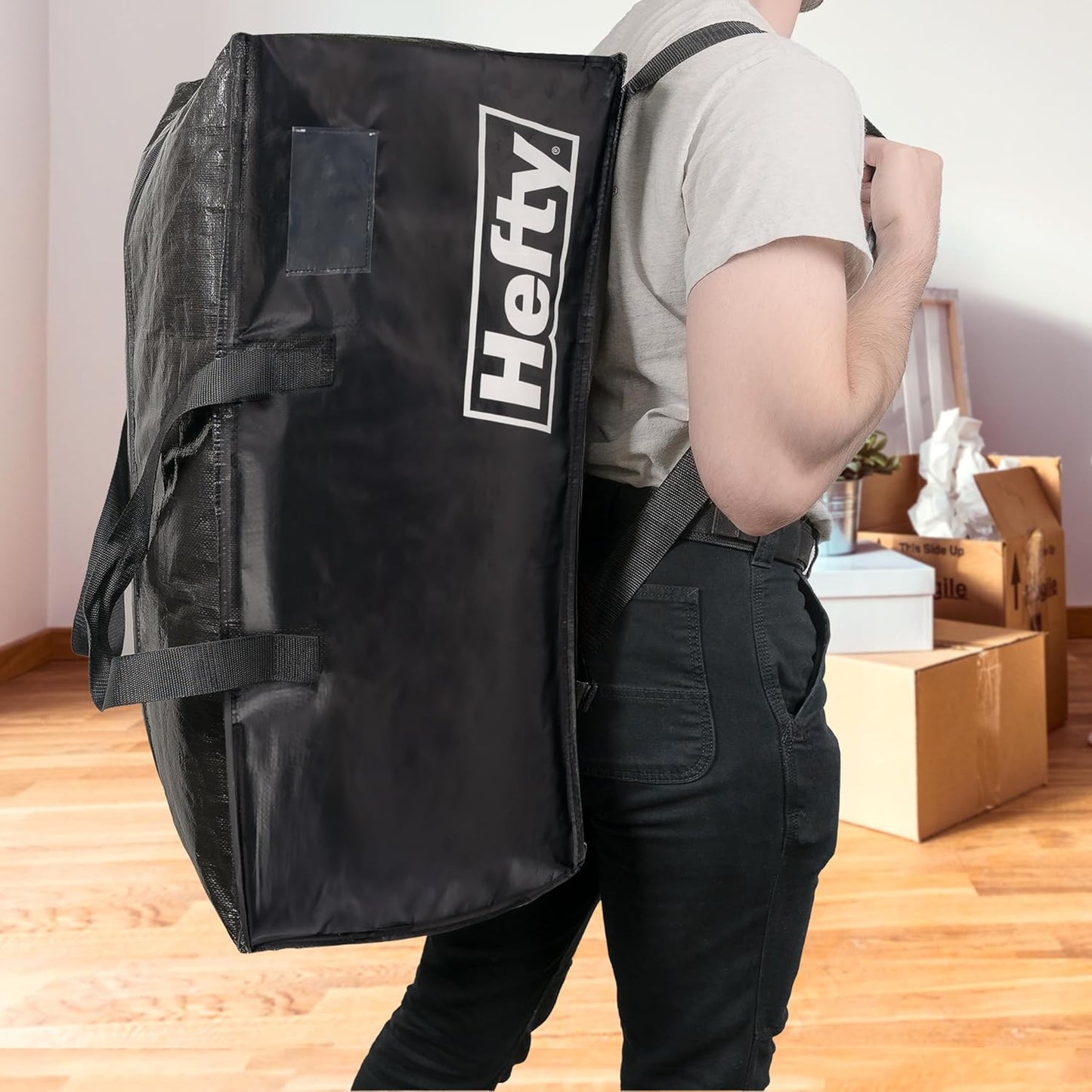 Hefty Moving Bag – Extra Large Double Zipper Backpack – Heavy Duty, Water Resistant, Foldable, Reusable Packing & Storage Tote with Shoulder Straps for Garage and Basement Organization – 2 Pack