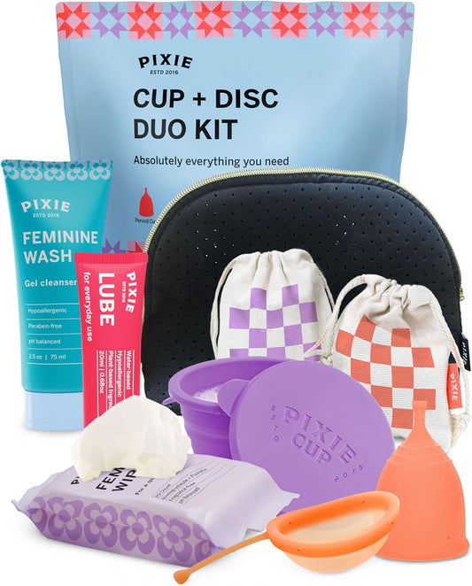 Pixie Menstrual Cup & Disc Duo Kit - Ranked 1 for Most Comfortable Reusable Period Cup & Disc - Buy One We Give One - with Ebook Guide, Flushable Wipes, Lube, Feminine Wash, Carry Cup & Storage Bag