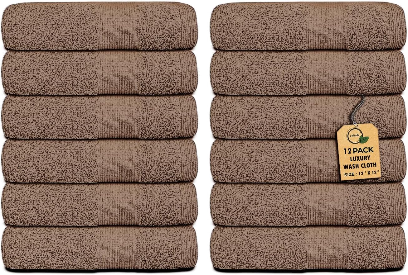 Premium Wash Cloths Pack of 12 (13" x 13") 100% Ring Spun Cotton | Luxury Washcloths | Ultra Soft Face Towels | Highly Absorbent Wash Cloths for face (Taupe)
