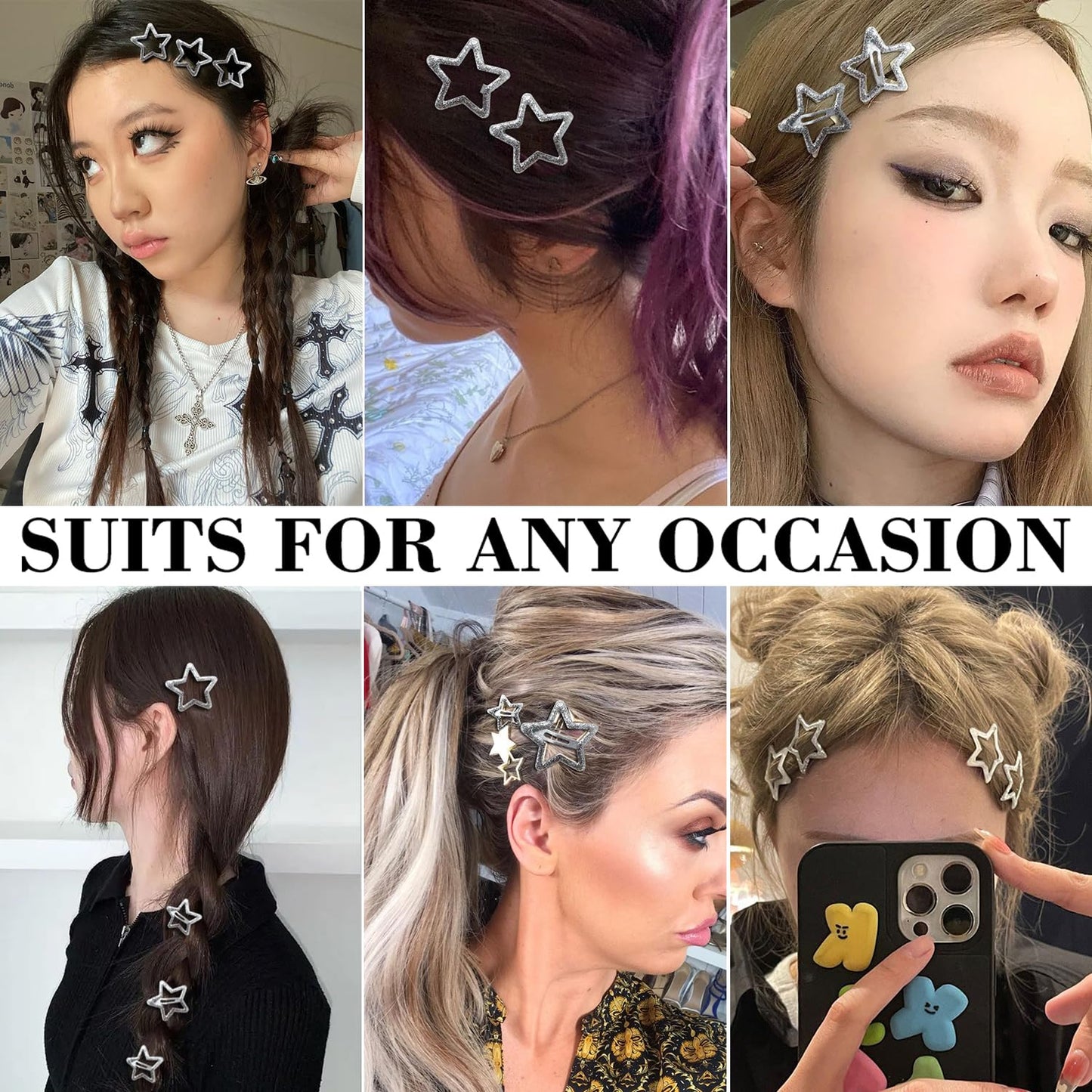 20 PCS Sparkling 1.22" and 1.65"Star Hair Clips Snap Hair Accessories Non Slip Clips for Girls Women Y2K Accessories Silver Metal Hair Clip Hair Barrettes