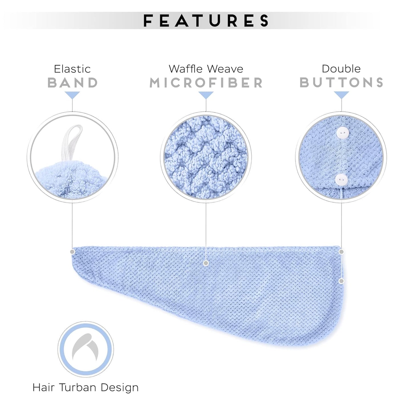 2 Pack Microfiber Hair Towel Wrap for Women, Anti Frizz Quick Drying Hair Turban for All Hair Style, Absorbent and Lightweight (Blue+Pink)