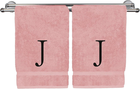 Monogrammed Hand Towel, Personalized Initial Gift, Extra Absorbent 100% Turkish Cotton - Soft Terry Finish - Set of 2 - Black Block Initial J - Embroidered on Pink Towels