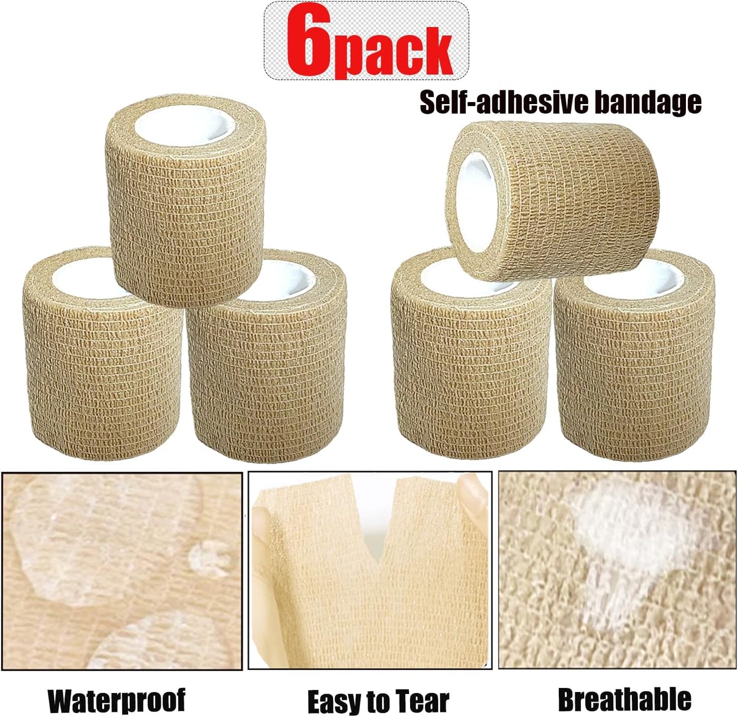 Hysiwen 6 Pack 2" x 5 Yards Self Adhesive Bandage Breathable Cohesive Wrap Self Adherent Vet Tape Self Stick Bandage Wrap for Sports, Athletic, Wrist, Ankle(Skin Color)