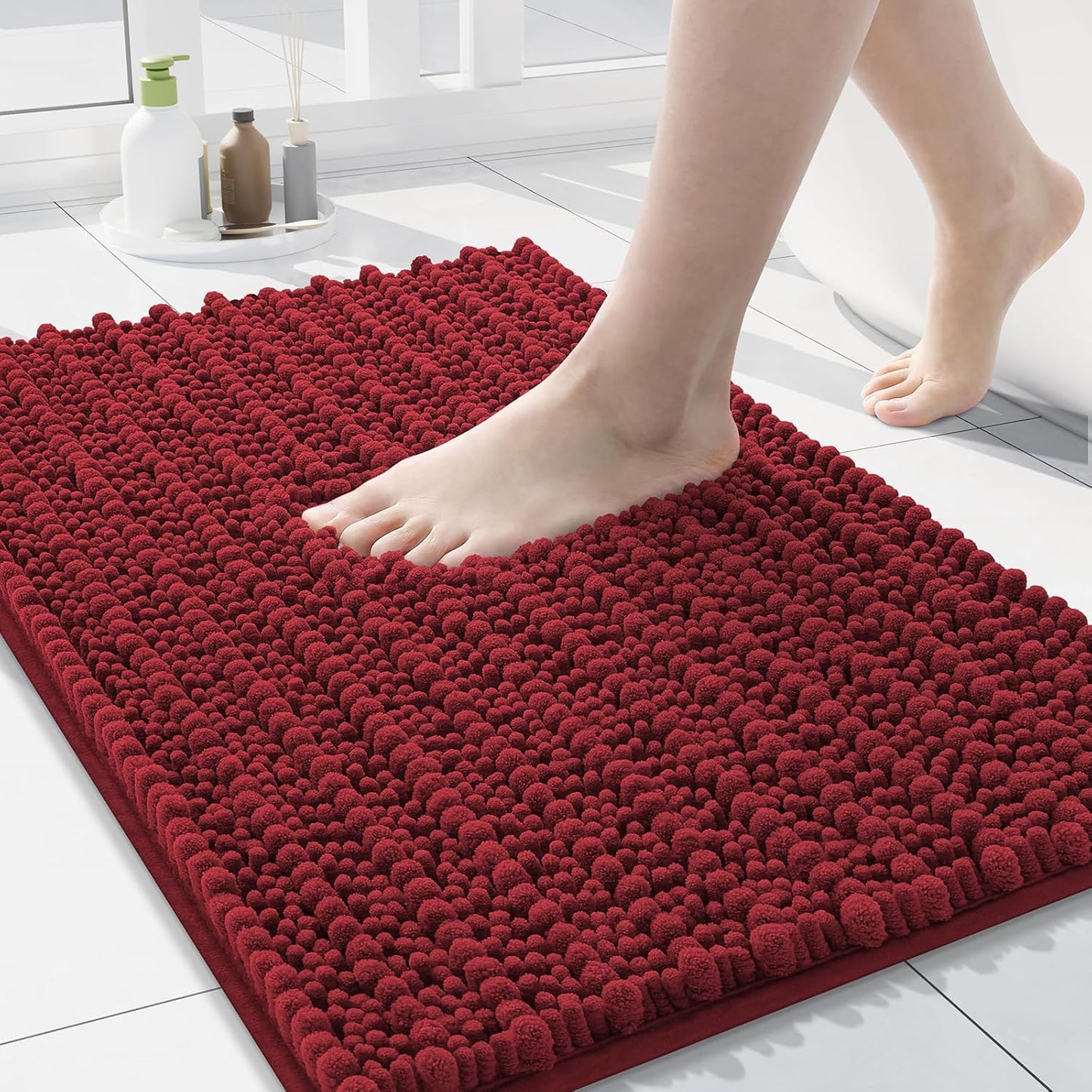Arotive Luxury Chenille Bathroom Rug Mat, Extra Soft Thick Absorbent Shaggy Bath Rugs, Non-Slip Machine Wash Dry, Plush Bath Mats for Bathroom, Shower and Tub, 30x17, Red