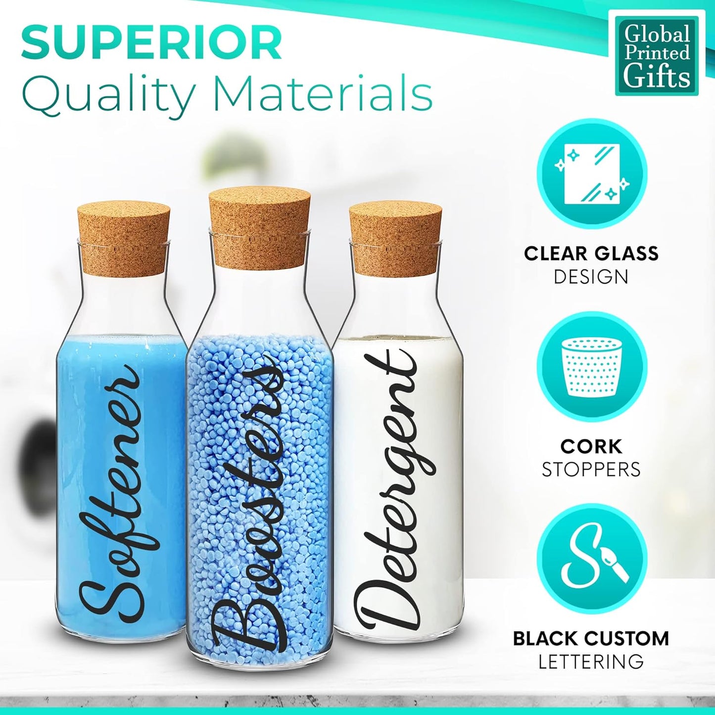 GPG Glass & Cork Storage Jars | 3Pcs Set Kitchen Storage Glass Bottles with Cork Stopper | 1L Softener Detergent Boosters (Set A, Font D)