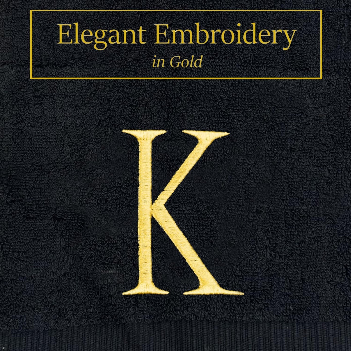 Black Monogrammed Hand Towels for Bathroom - Black and Gold Luxury Hotel Quality Personalized Initial Decorative Embroidered for Powder Room, Spa-GOTS Organic Certified - Pack of 2, Letter K