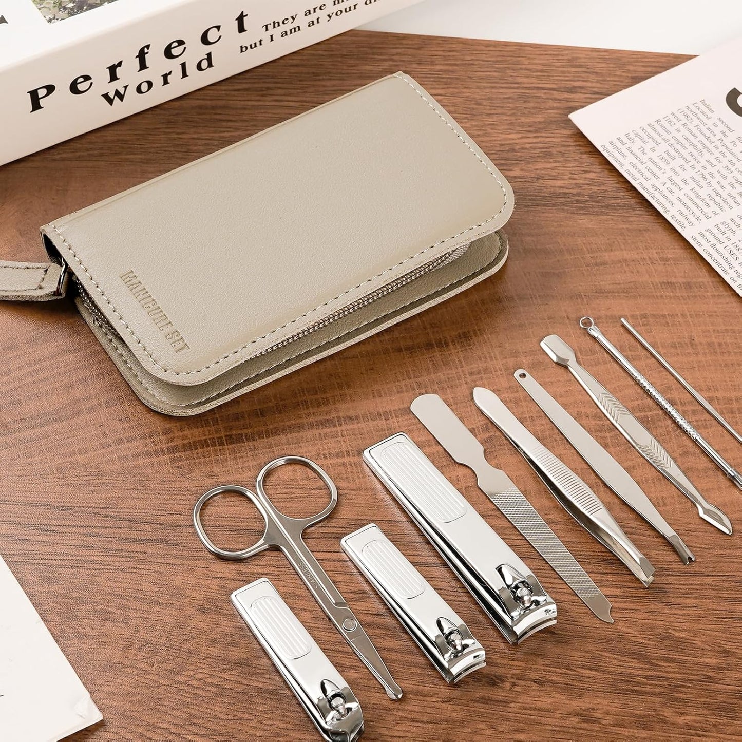 Premium Stainless Steel Nail Clippers Set - Travel Grooming Kit, 10pc Manicure/Pedicure Tools with PU Case - Unisex Gift for Men and Women(C-Grey)