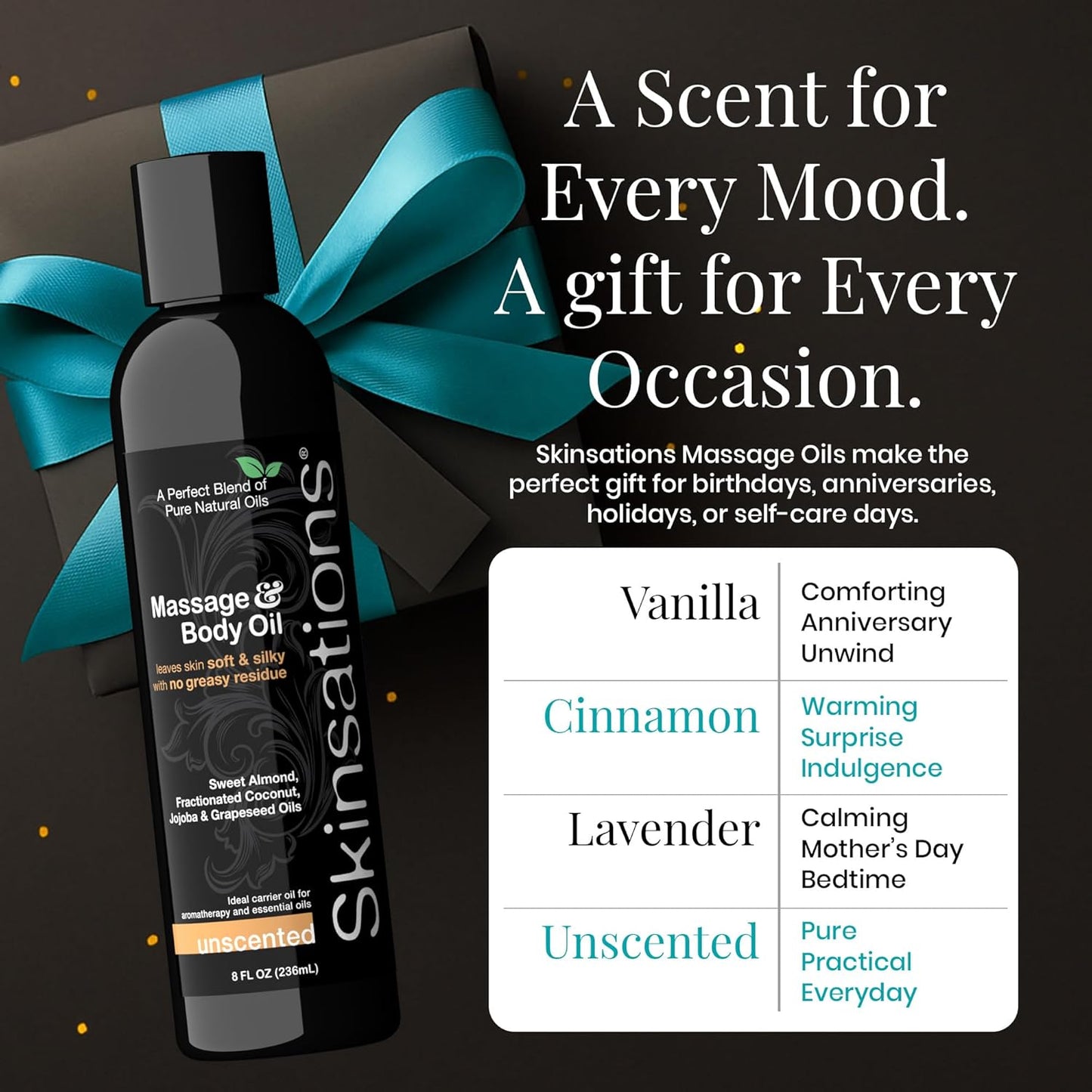 Skinsations - Unscented Massage Oil for Massage Therapy - 8oz | Fragrance-Free Body Oil for Sensitive Skin & Aromatherapy | Sweet Almond, Jojoba, Coconut & Grapeseed Oils