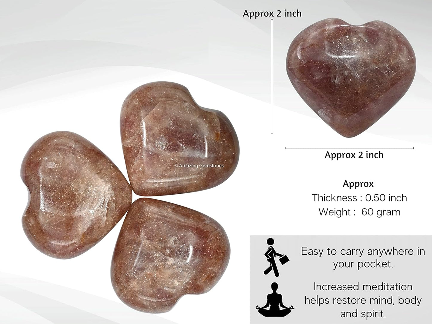 Strawberry Quartz Crystal Heart Palm Stone - Pocket Massage Worry Stone for Natural Body Chakra Balancing, Reiki Healing and Crystal Grid