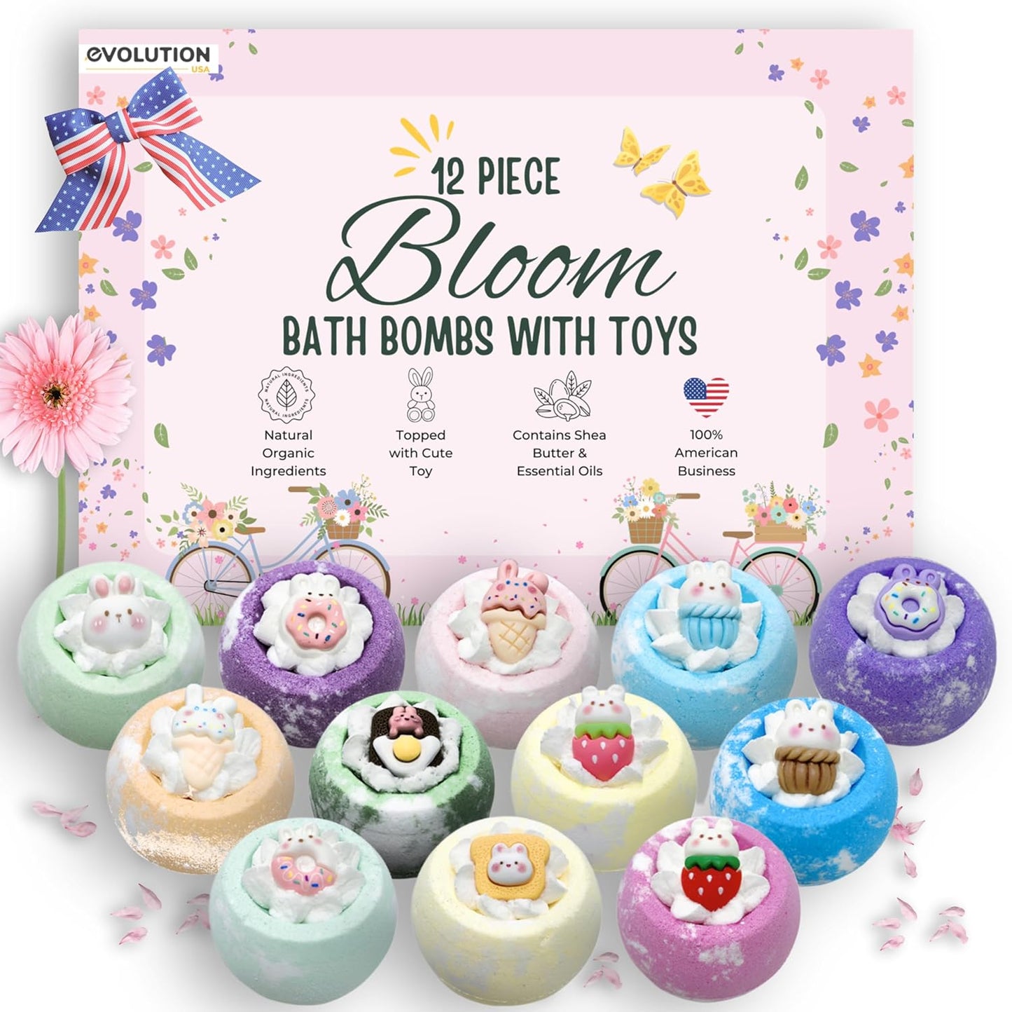 EvolutionUSA 12pc Bloom Bath Bombs with Toys, Adorable Girl Bath Bomb Set, Bubbly Kids Bathbombs, Fizzy Bath Ball, Kids Bath Bombs for Girls, Childrens Bath Bomb Set Birthday, Christmas, Easter