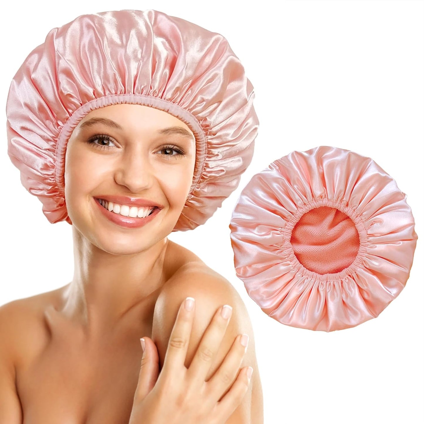 Shower Cap Reusable Waterproof, Terry Lined Shower Caps for Women, Triple Layer Hair Cap for Shower, Large Plastic Shower Cap for Braids Long Hair