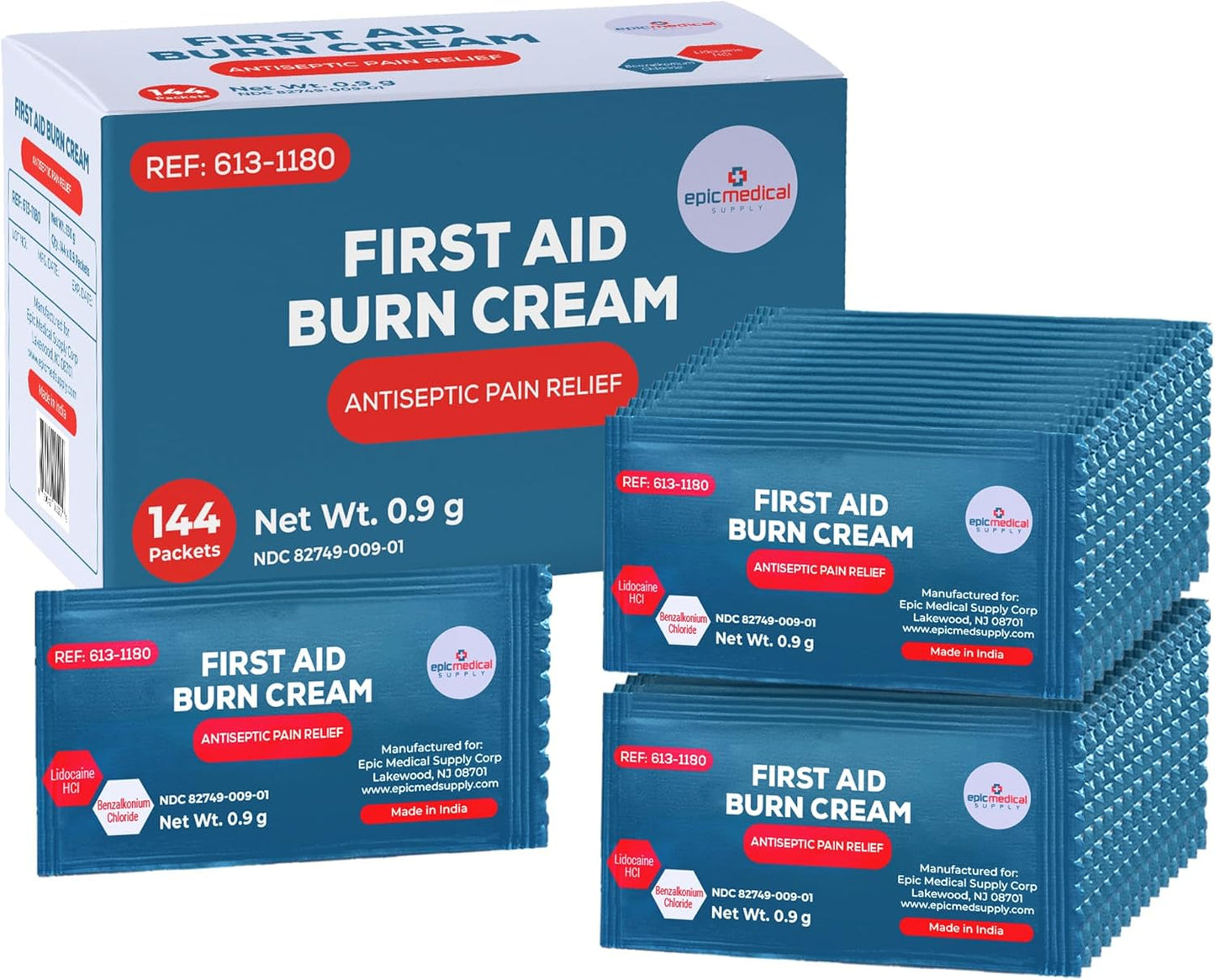 First Aid Burn Cream Packets Box of 144, Burn Ointment with Lidocaine and Benzalkonium Chloride for Minor Scrapes, Cuts, and Skin Irritations, Home and Medical Skincare