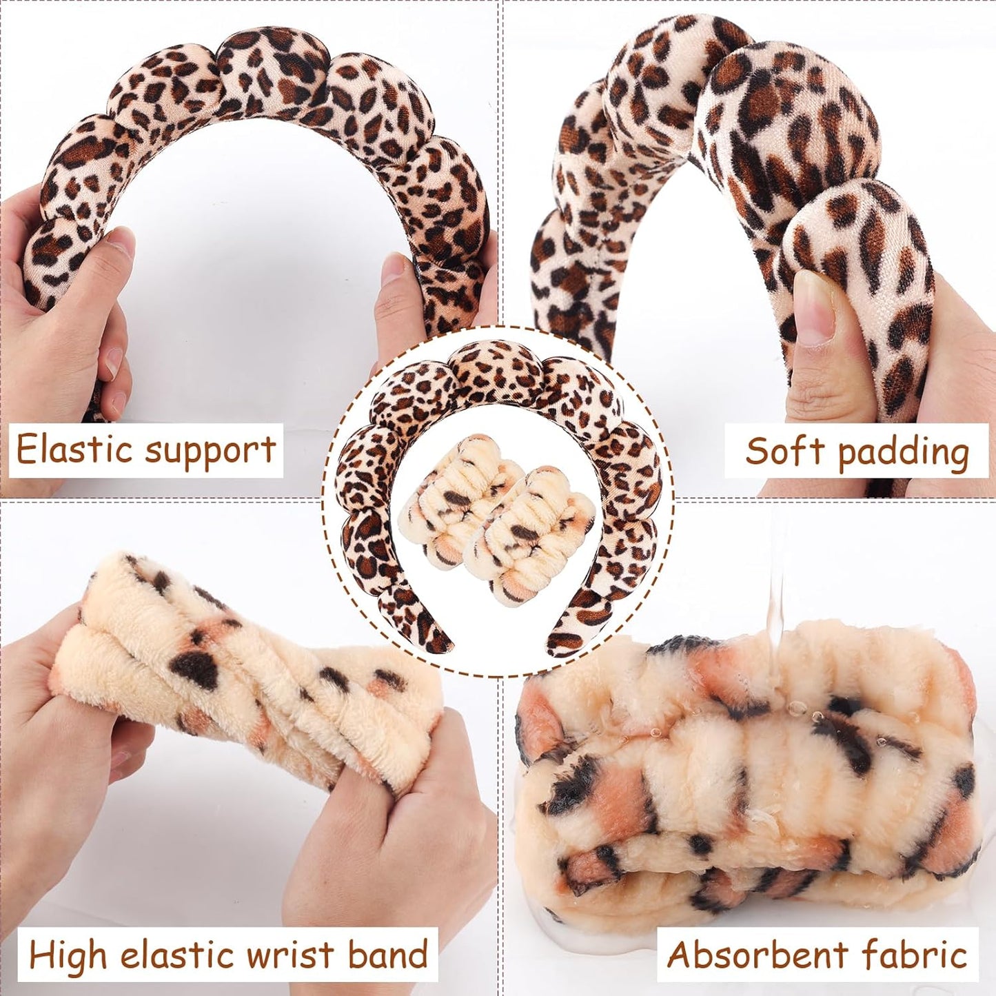Zkptops Spa Headband for Washing Face Wristband Set Sponge Makeup Skincare Velvet Fabric Bubble Soft Get Ready Hairband for Women Girl Puffy Padded Headwear Non Slip Thick Hair Accessory(Leopard 1)