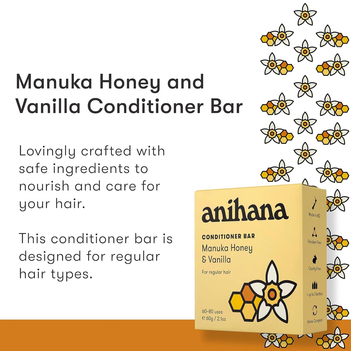 ANIHANA Conditioner Bar for Regular Normal Hair Clean Purifying Natural Healthy Look and Shine Paraben Free Manuka Honey and Vanilla 2.1 oz