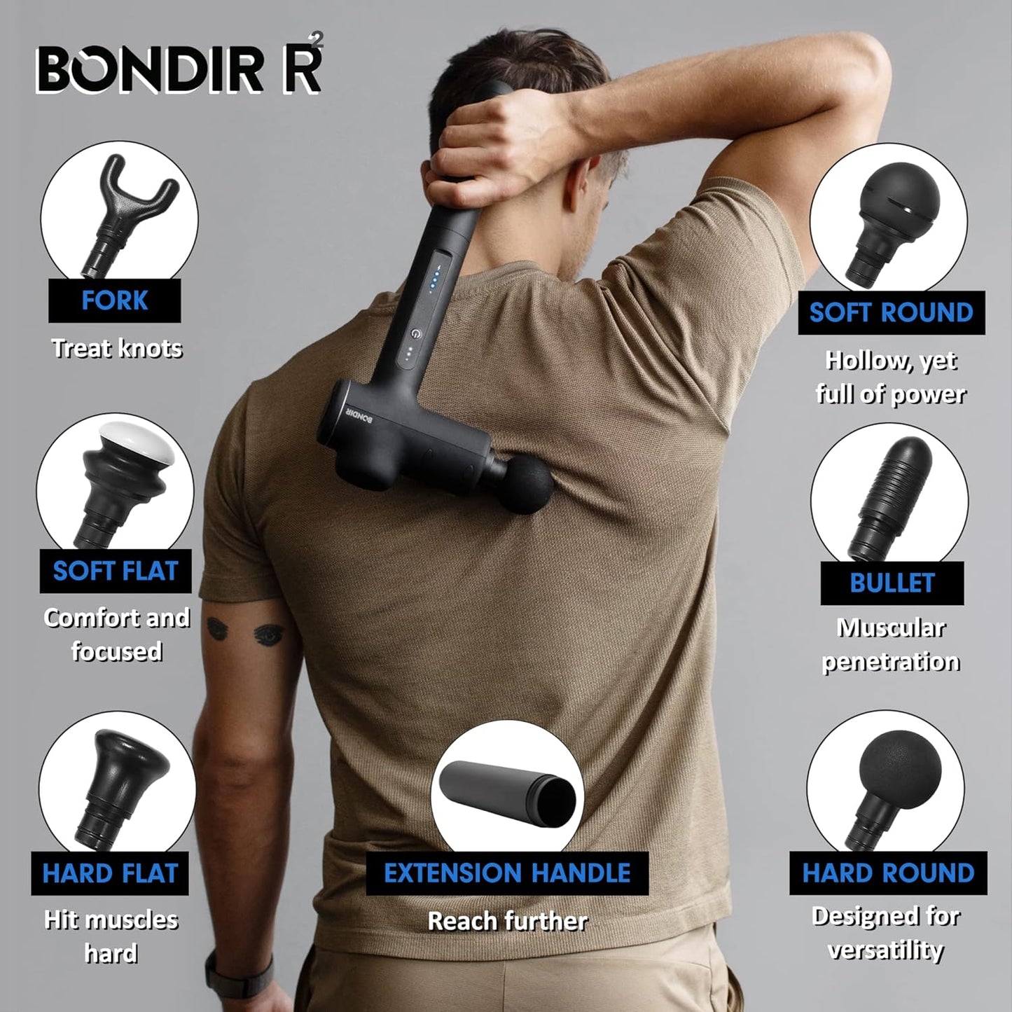 R2 Massage Gun - Percussion Deep Tissue Back Massager with Extension Handle