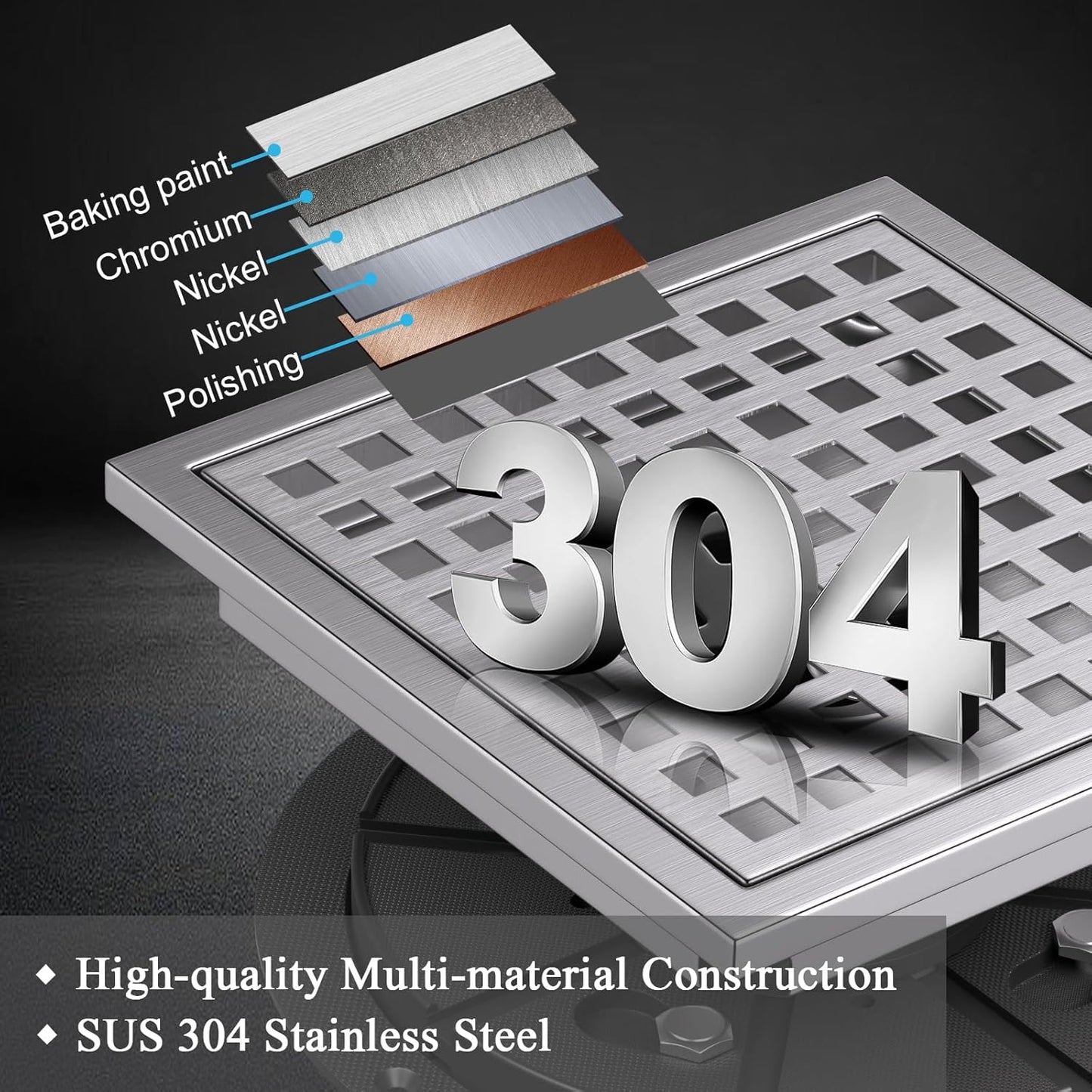 Square Shower Floor Drain with Flange, 4 Inch Brushed Nickel Shower Drain Hair Catcher, SUS304 Stainless Steel Floor Drain Strainer, Shower Drain Cover