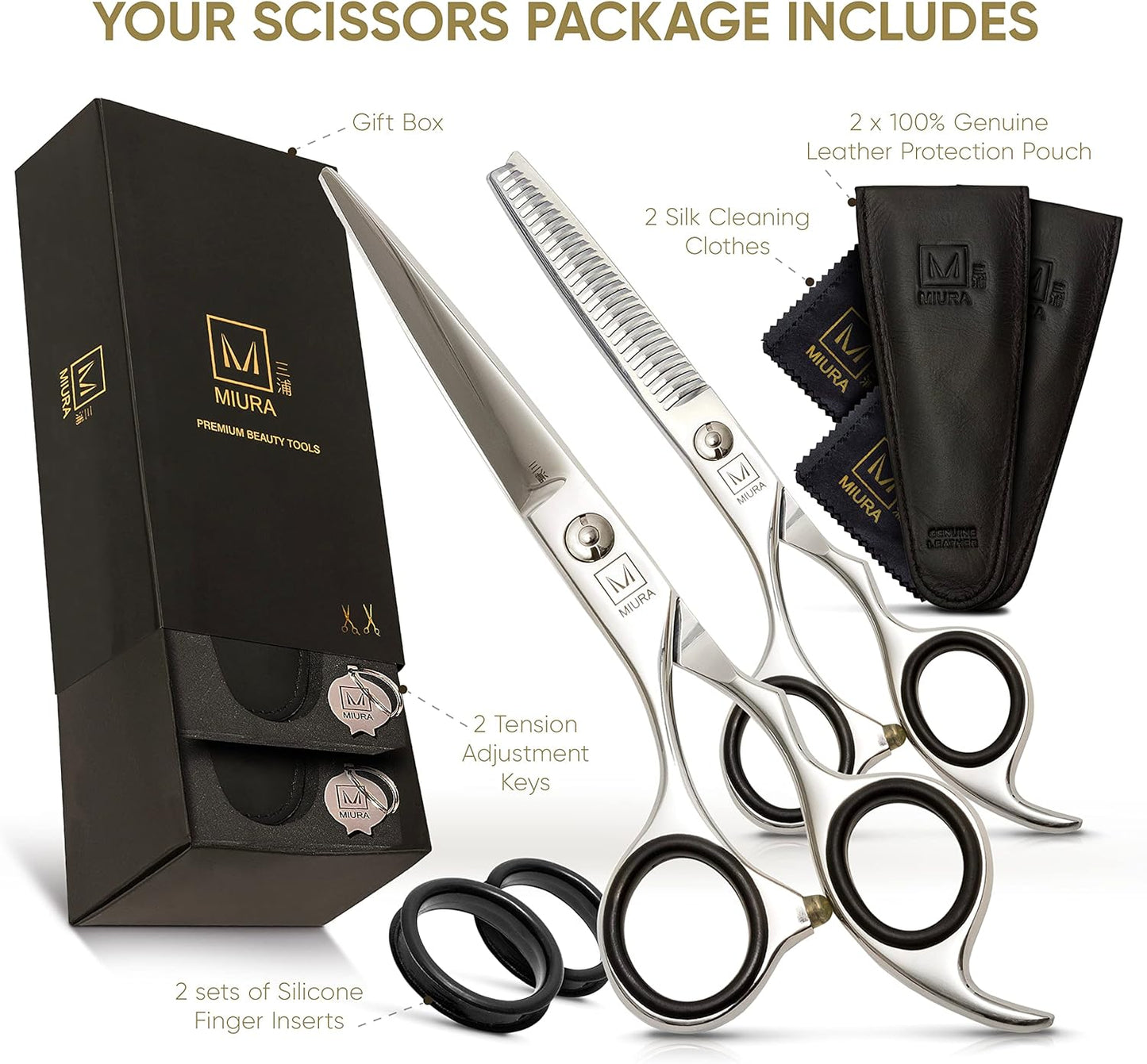 Miura Professional Hair Cutting Scissors for Women, Men and Hairdressers | 6.5” Stainless Steel Barber Shears for Hair Cutting and Thinning Set