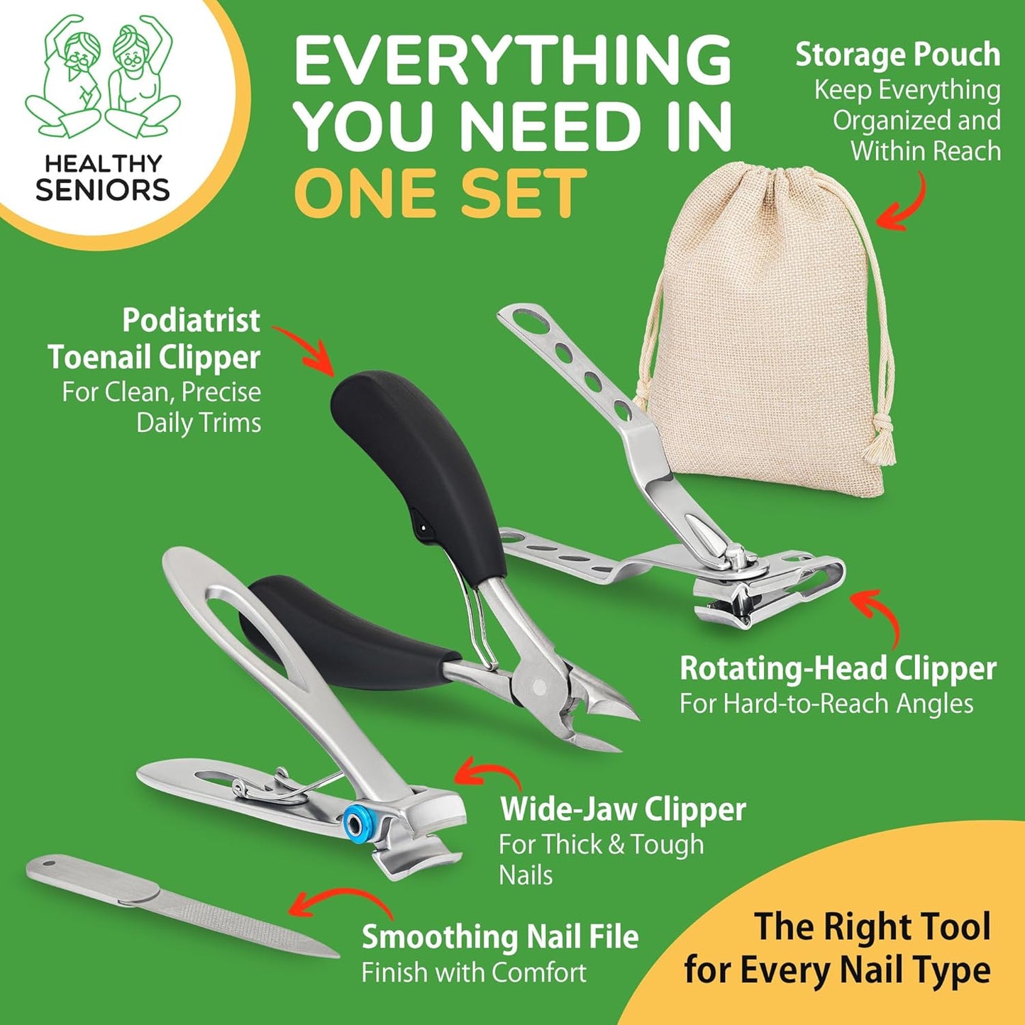 Toenail Clippers for Seniors Thick Toenails - 4-Piece Heavy Duty Nail Clipper Set with Podiatrist Grade Tools, Wide Jaw and Rotating Head Clippers for Elderly Adults