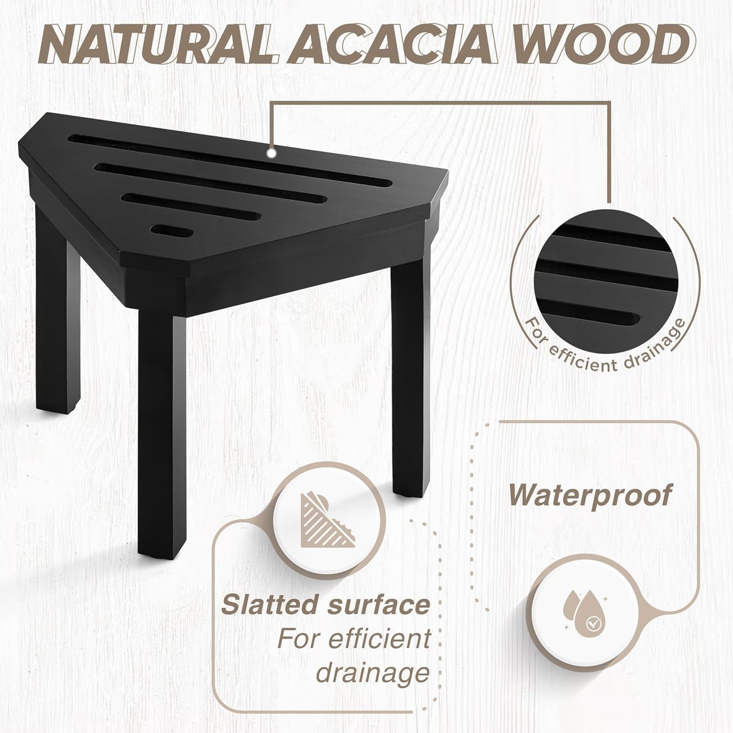 BLUEWEST Shower Foot Stool for Shaving Legs, Acacia Wood Shower Foot Rest (Black, Corner Seat)