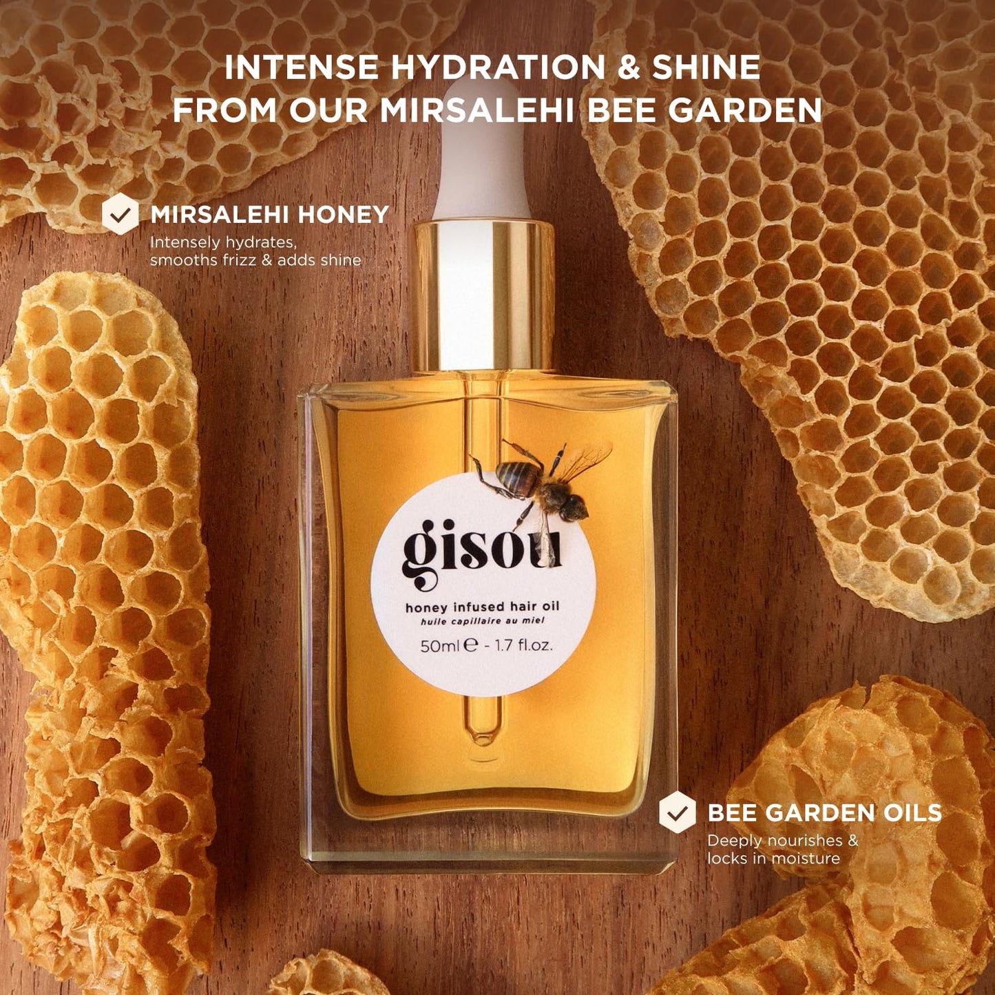 Gisou Honey Infused Hair Oil Mini - Hydrating & Frizz Control Treatment with Mirsalehi Honey, Adds Shine & Heat Protectant for All Hair Types, 0.7 Fl Oz