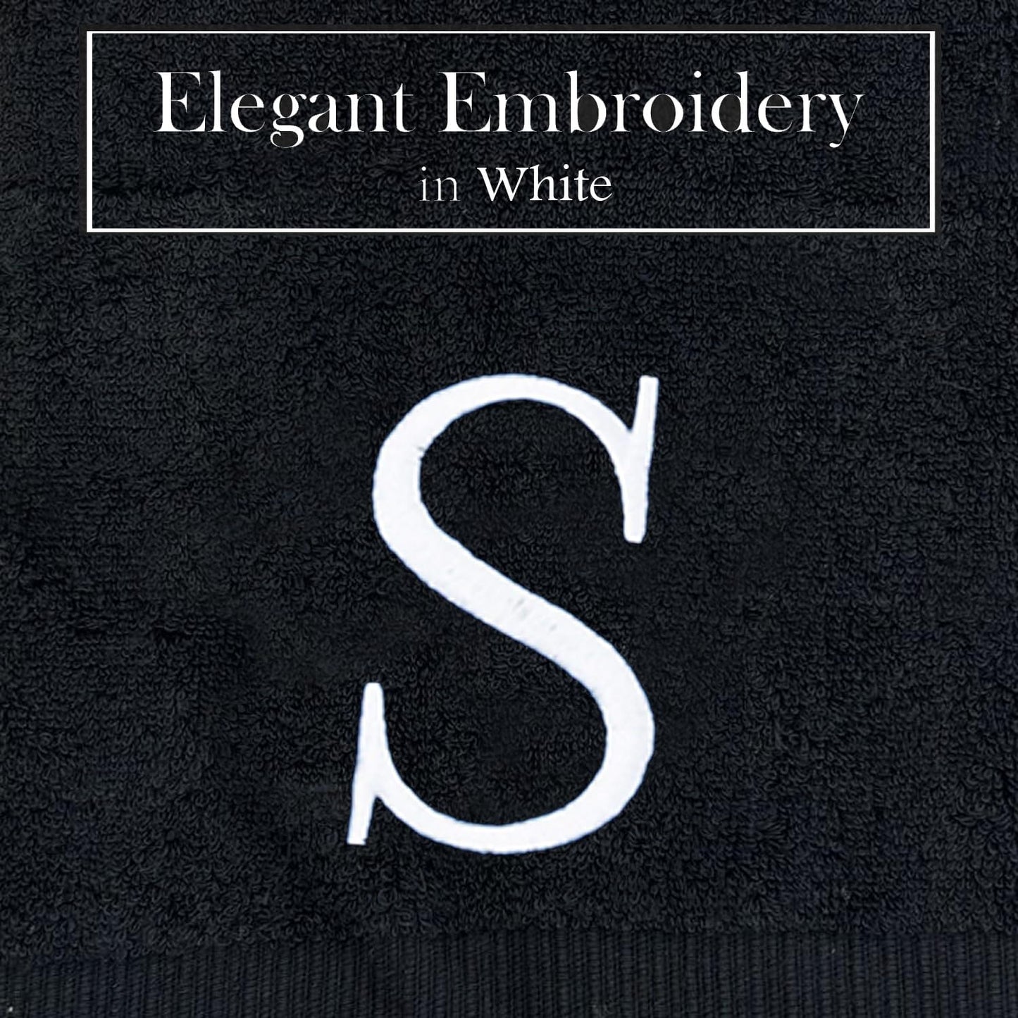 Black, Letter Hand Towel for Bathroom - Monogrammed Initial Hotel Quality Decorative Embroidered Towel for Powder Room, Spa - GOTS Organic Certified - Pack of 2, Letter S
