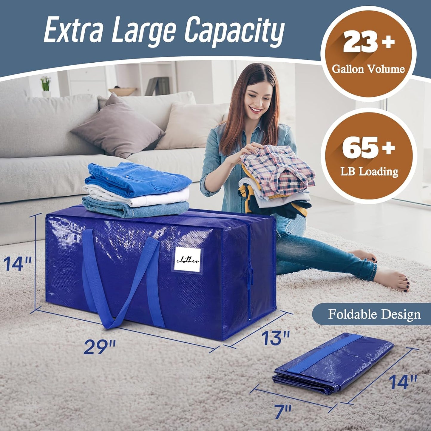 6 Pack Extra Heavy Duty Large Moving Bags with Strong Zipper & Comfortable Handles, Sturdy & Durable Clothes Storage Bags Totes Bins, Packing Moving Boxes for College Supplies, Blue