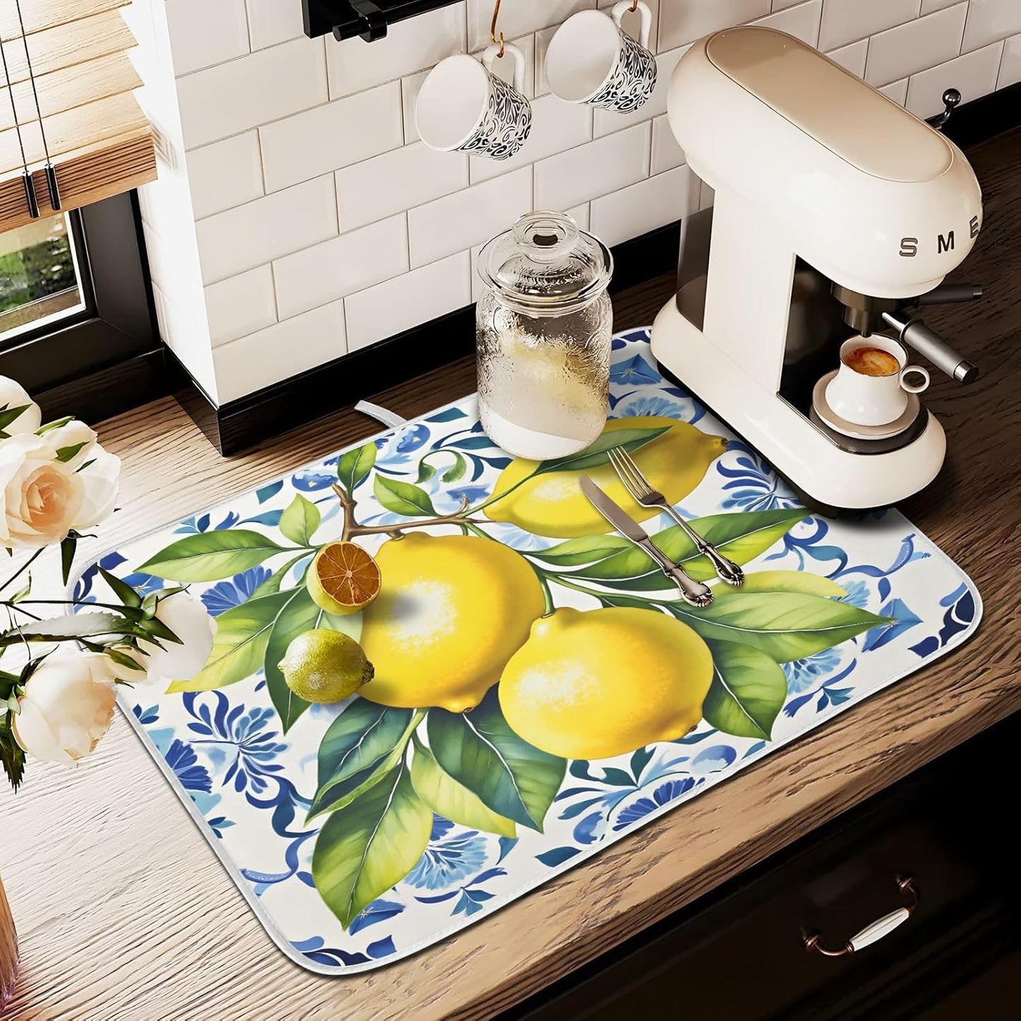 Lemon Italian Tile Blue E Dish Drying Mats for Kitchen Counter, 18x24 inch Drying Dishes Absorbent Microfiber Dish Drainer Mat Rack Pad Fast Dry