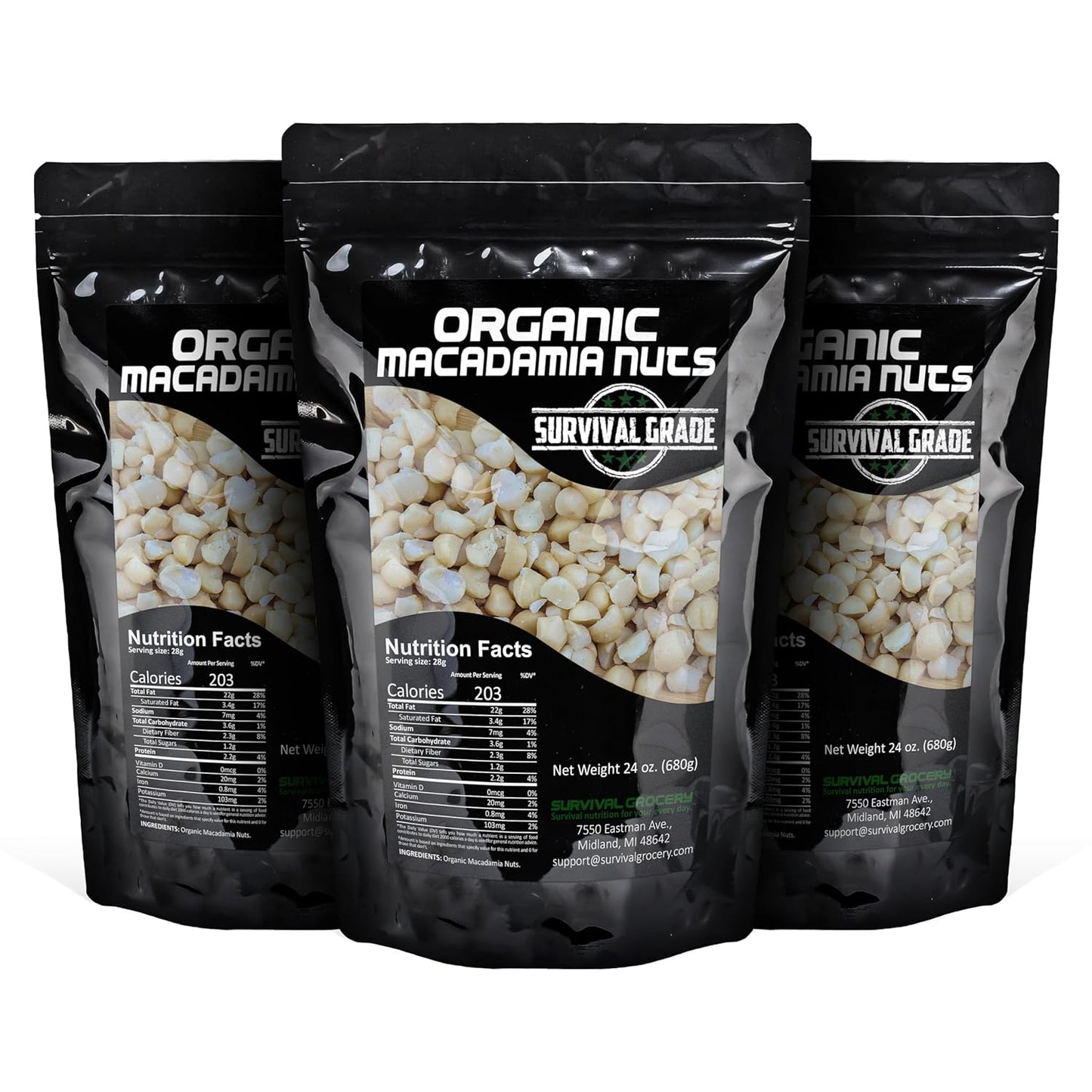 Survival Grocery® Organic Macadamia Nuts – Keto-Friendly Healthy Fats & Plant Protein, Oxygen- & Light-Barrier Packaging + O₂ & Moisture Packs, (Single or Multi-Pack Savings) (72 oz./3 Bags)