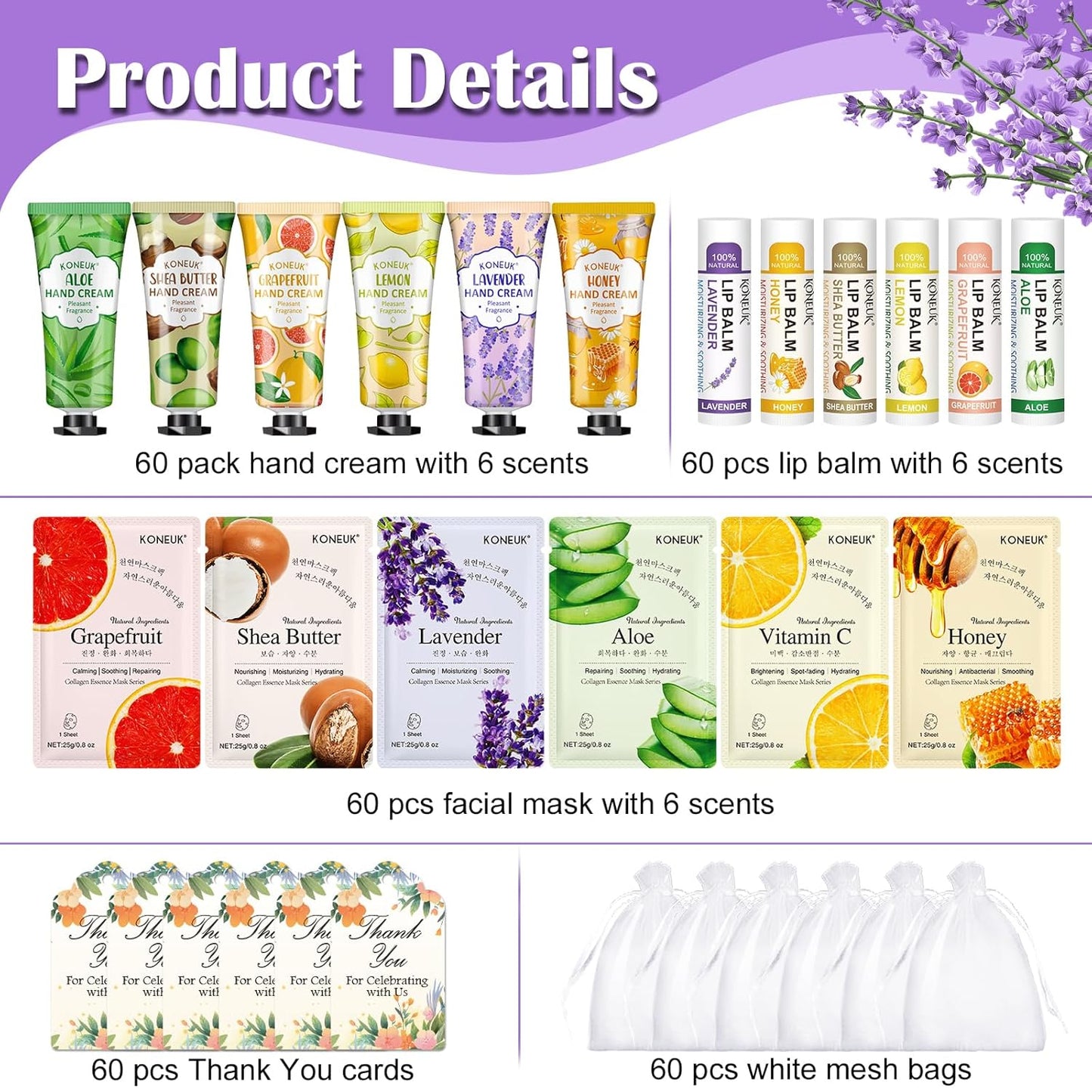 60 Pack Bulk Lip Balm, Facial Mask and Hand Cream Sets, Stocking Stuffers for Women, Christmas Gifts and Bridesmaid Gifts for Guests, Birthday Gifts, Adult Party Favors and Small Gifts for Women