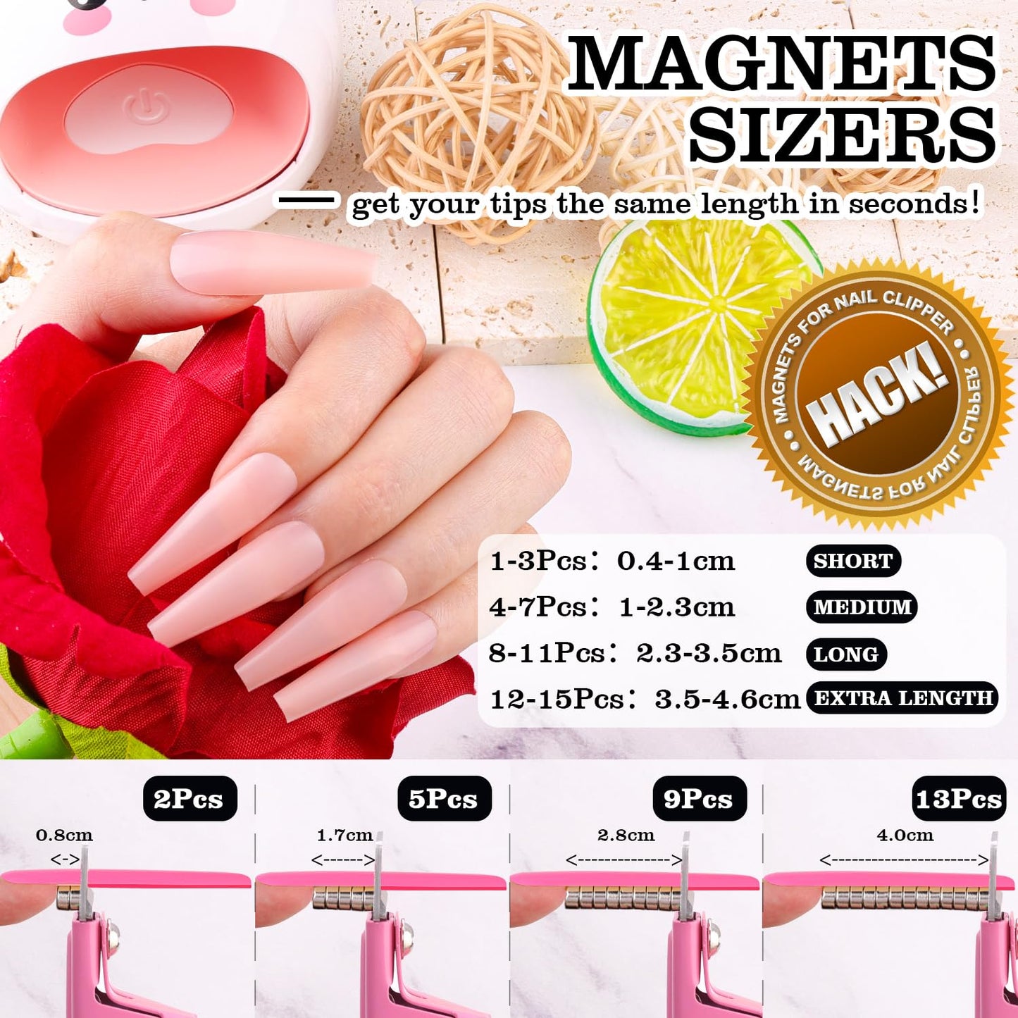 Light Pink Premium Nail Clippers with Magnets Sizers for Acrylic Nails, Artificial Fake Nail False Nail Tip Cutter Trimmer Manicure Pedicure Sharp Blade Clip Tool For Salon Home Art Beauty