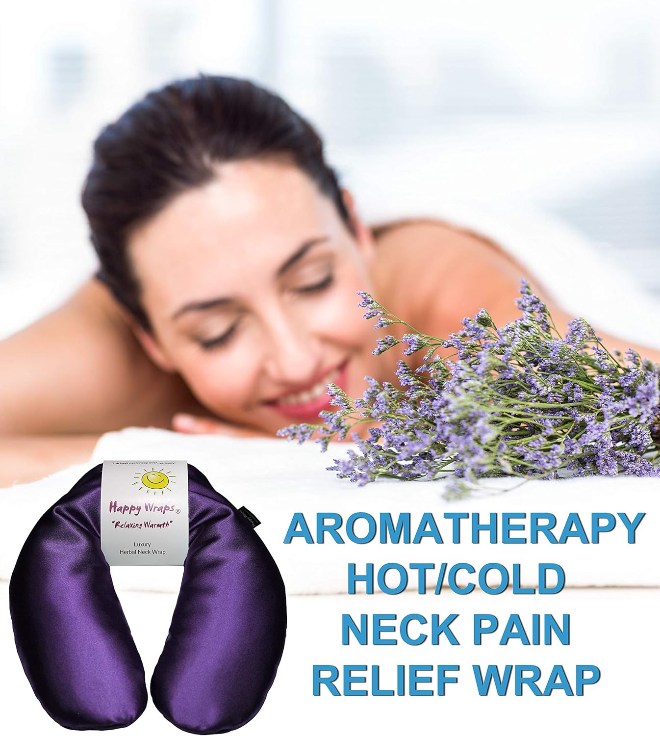 Microwavable Herbal Neck Wrap - Hot Cold Aromatherapy Neck Warming Pillow - Heating Pad for Migraines, Stress, Gifts for Women, Birthdays, Christmas and Free Sleep Mask - Amethyst Satin