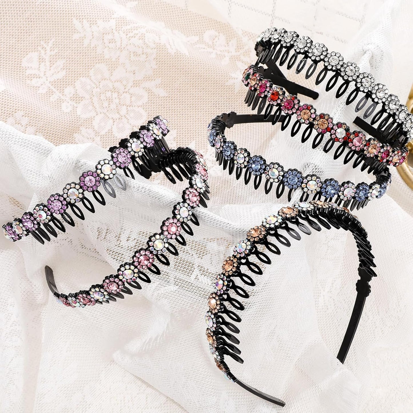 Rhinestone Headbands for Women Girls Glitter Flower Headband with Teeth Comb Non Slip Hairband Sparkly jeweled headband Hair Hoop jeweled headband Hair Accessories with 4PCS