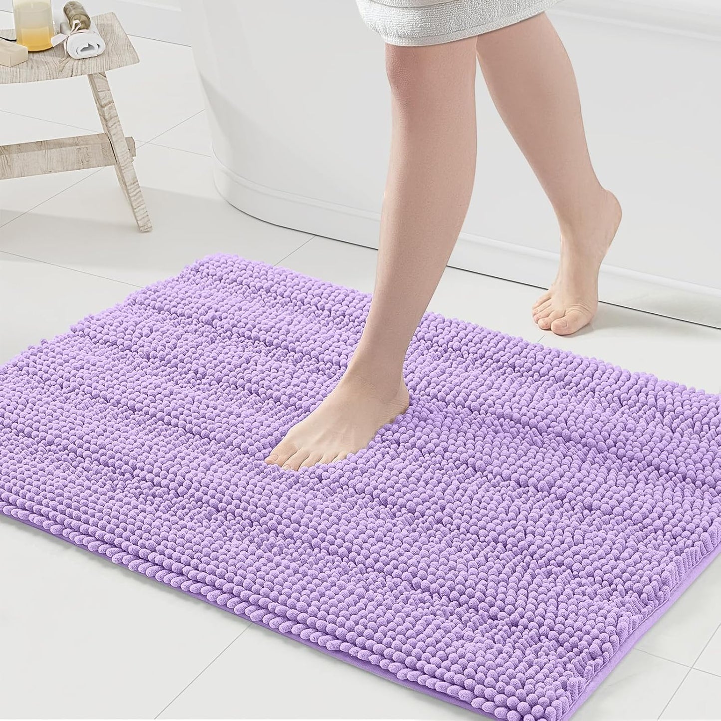 Grandaily Chenille Striped Bathroom Rugs 36x24, Extra Thick and Absorbent Bath Mats, Non-Slip Soft Plush Shaggy Shower Carpet, Machine Wash Dry, Bath Rug for Bathroom, (Large, Purple)