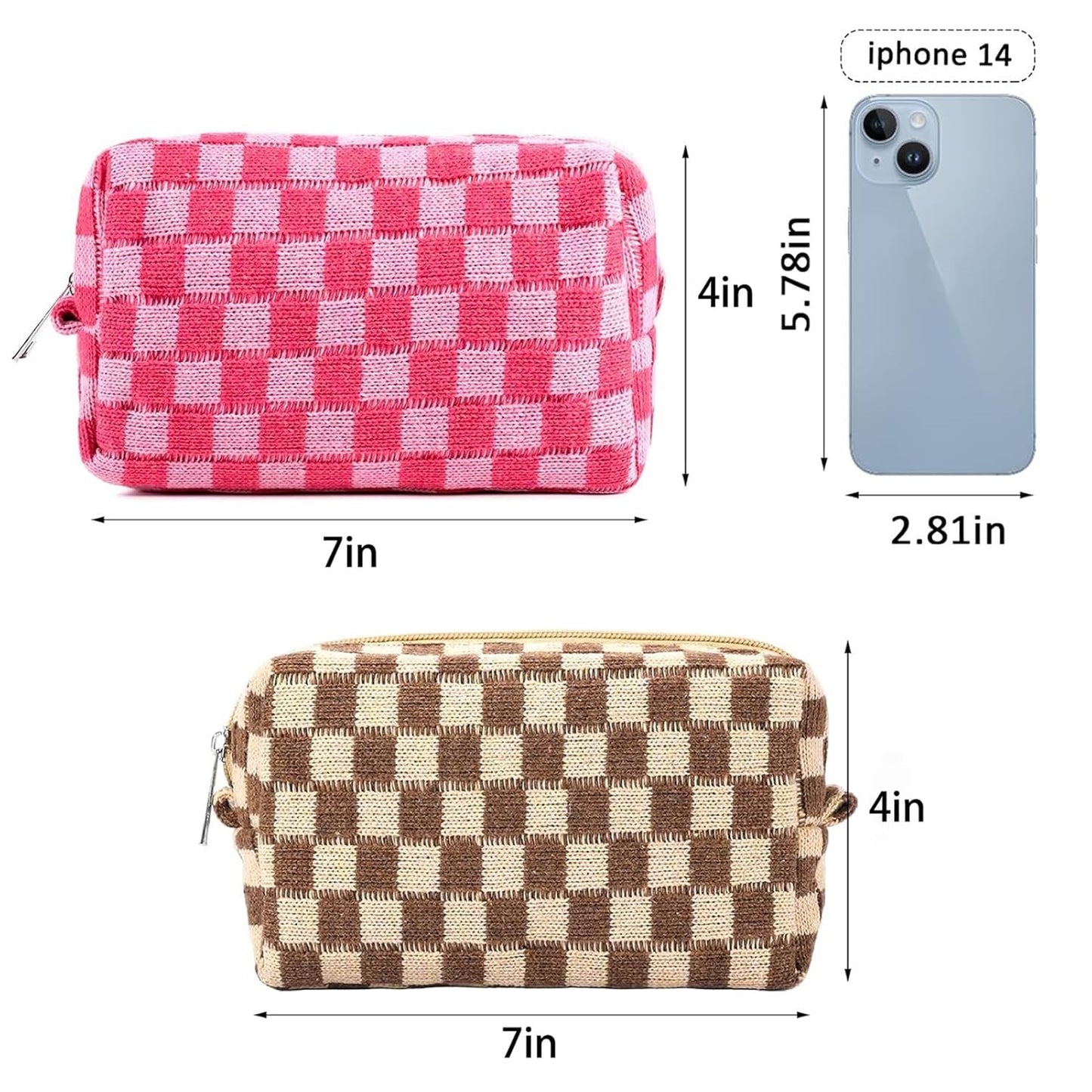ZLFSRQ 2Pcs Checkered Pencil Case Cute Pencil Pouch for Teens Checkered Makeup Bag Medium Travel Cosmetic Bag Preppy Makeup Pouch for Purse Aesthetic Zipper Toiletry Bags Organizer(Pink/Brown)