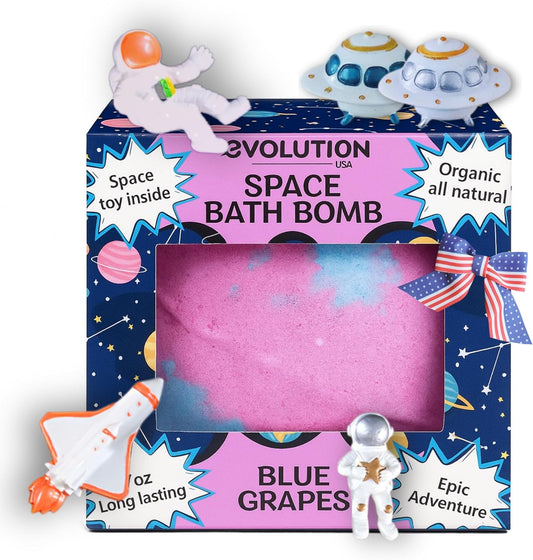 EvolutionUSA 1pc Space Bath Bomb for Boys & Girls, Planet Bath Ball with Toy Hidden Inside, Organic Hypoallerganic Childrens Bathbomb, Cosmic Fun Space Surprise, Gift Set Birthday, Christmas, Easter