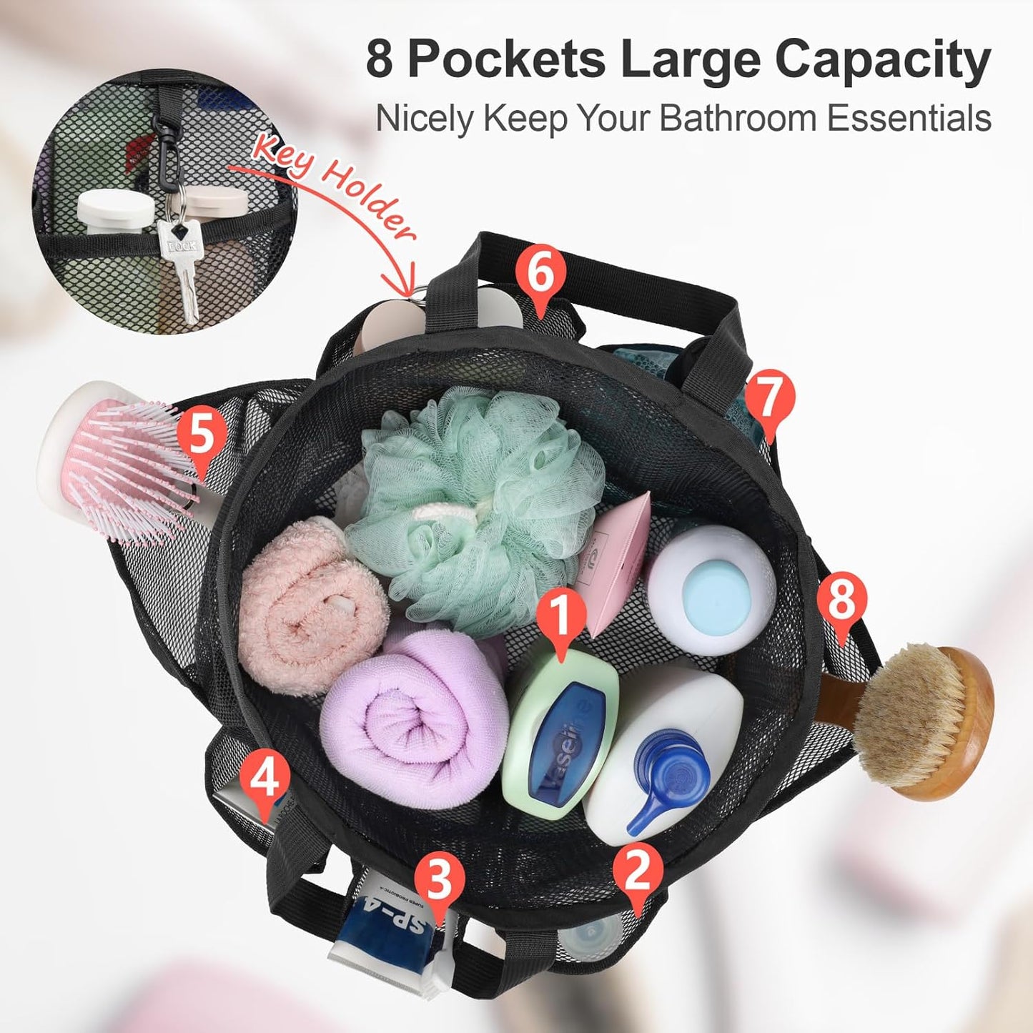 F-color Mesh Shower Caddy Portable with Drawstring - Upgrade Deeper 7 Pockets Dorm Room Essentials for Guys Girls with S Hook, Shower Bag Basket Tote for College Camping Bathroom, 2 Pack Black