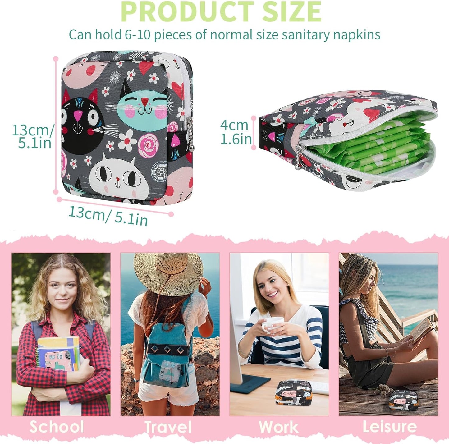 Desing Wish Sanitary Pad Storage Bag Portable Period Bag for Teen Pads/Sanitary Napkins/Small Tampons, Sanitary Napkin Storage Bag First Period Gifts for Teen Girls (Black-White Cats)