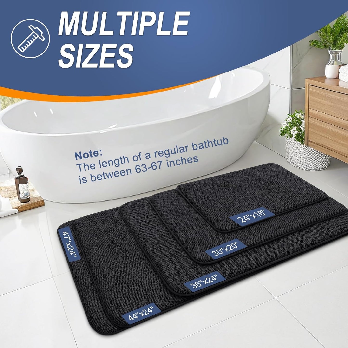 OLANLY Thick Memory Foam Bath Mat Rug 70x24, Extra Soft Absorbent Bathroom Rug, Quick Dry Bath Mats, Non-Slip, Machine Washable Carpet for Bathroom, Tub and Shower, Home Decor Accessories, Black