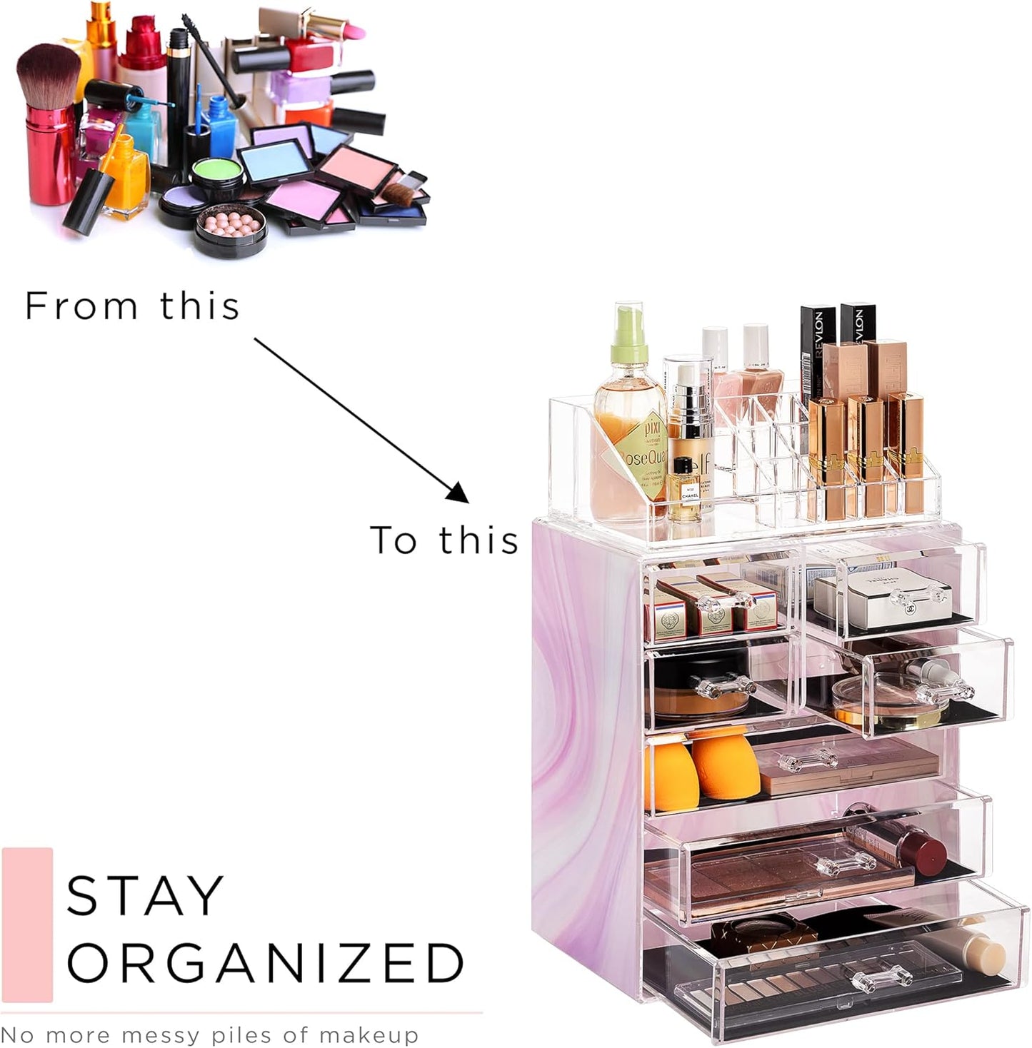 Sorbus Clear Cosmetic Makeup Organizer - Make Up & Jewelry Storage, Case & Display - Spacious Design - Great for Dresser, Bathroom, Vanity & Countertop (3 Large, 4 Small Drawers) [Tie Dye Print]