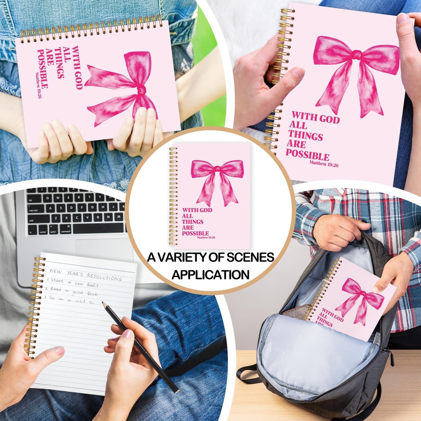 FDHSPAAM Coquette Pink Bow Christian Spiral Journal Notebook 5.5x8.3in, with God All Things Are Possible Inspirational Prayer Journal for Woman, Inspirational Bible Notebooks for Note Taking