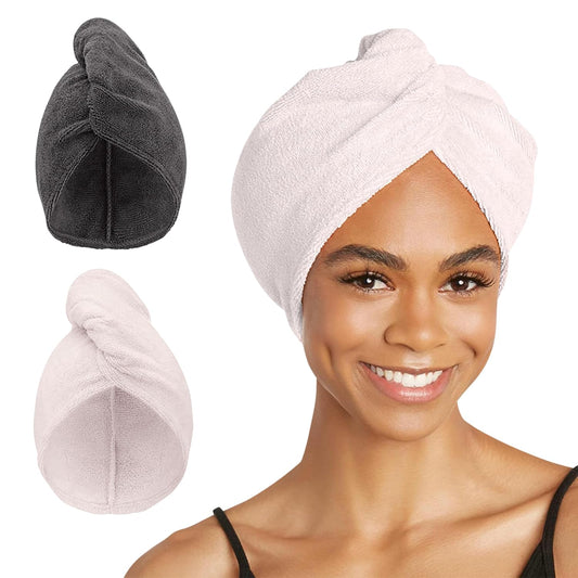 Turbie Twist 2-Pack Microfiber Hair Towel for Beauty, Travel, Gifting - Hair Wrap Turban for Straight, Wavy & Curly Hair - Premium Personal Care - Grey & Light Pink