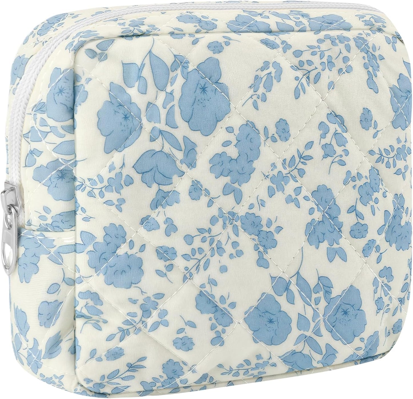 Small Quilted Cotton Makeup Bag for Purse Mini Cosmetic Period Bag for Women Cute Blue Flower Makeup Sanitary Pouch Portable Travel Toiletry Bags with Zipper Slip in Pockets Birthday Gifts