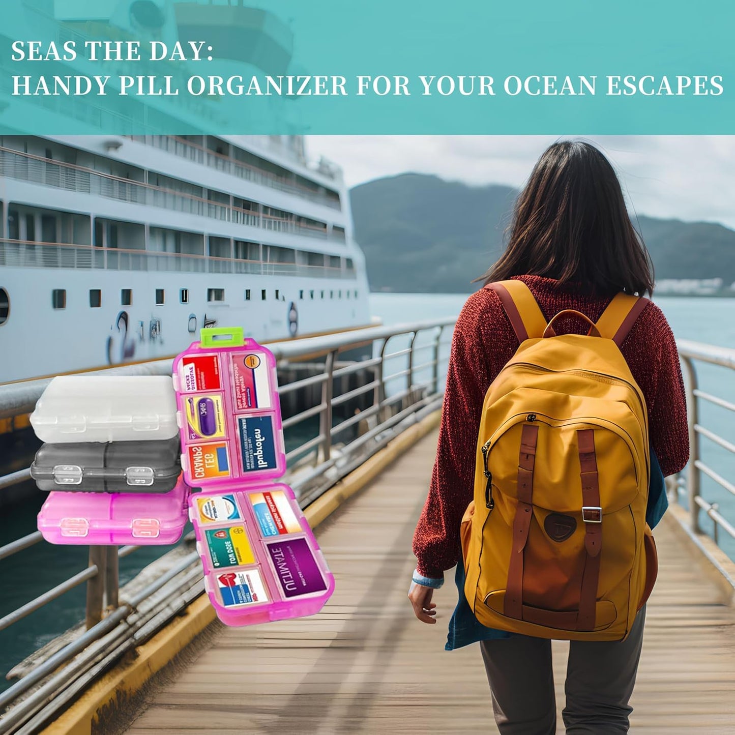 Large Pill Organizer with Medicine Labels, Travel Daily Pill Container, Mini Medication Organizer, 7-Day Pill Case, Set of 3 (Pink+White+Grey)